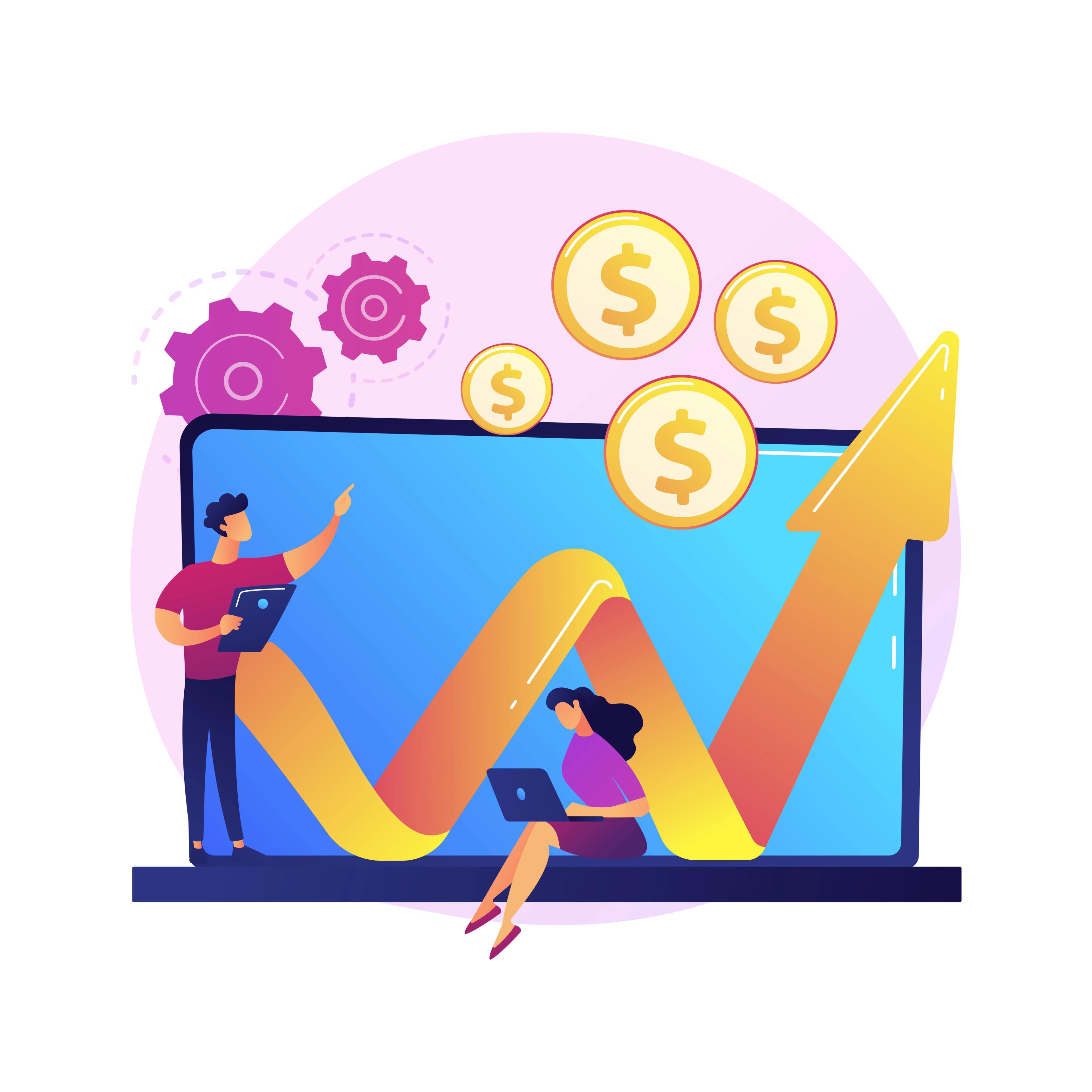 two people analyzing rising financial growth on a large screen with an upward arrow and dollar symbols