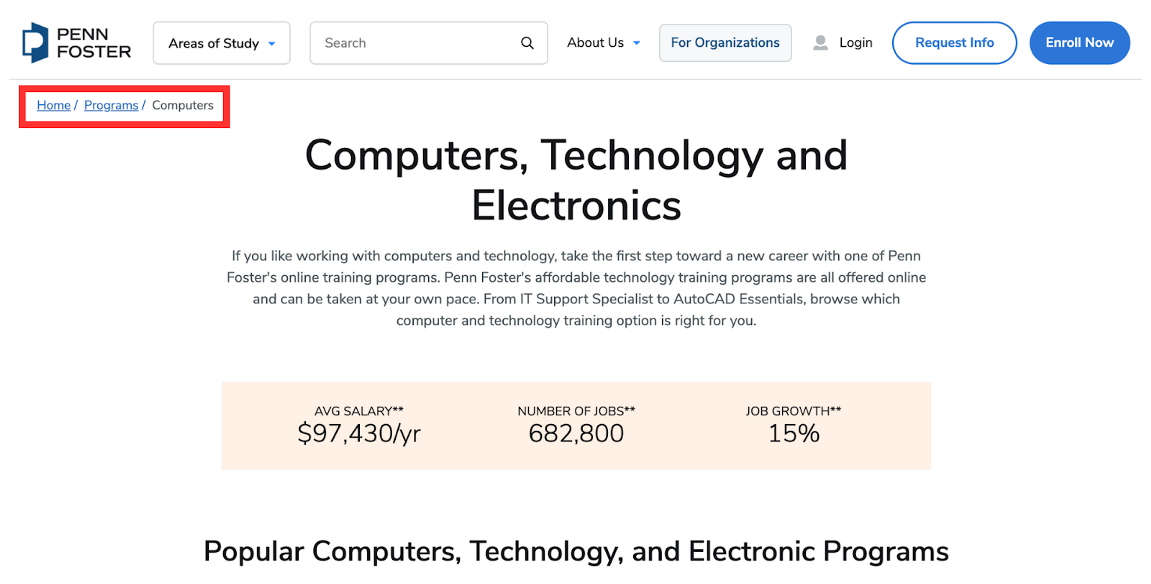 The image shows how Penn Foster uses hierarchy-based breadcrumbs on its website