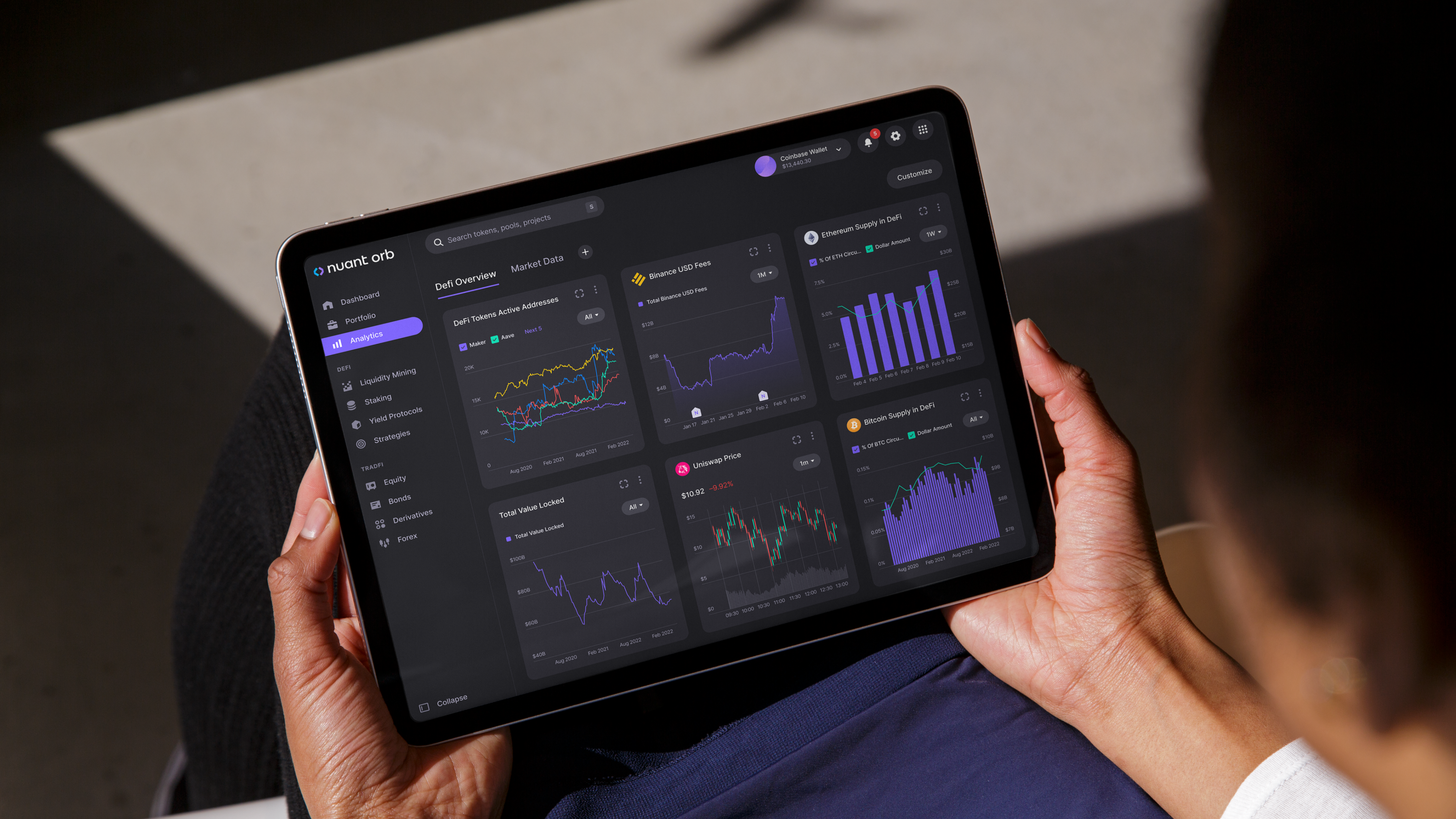 a person holding a tablet with the Nuant Orb app analytics page opened