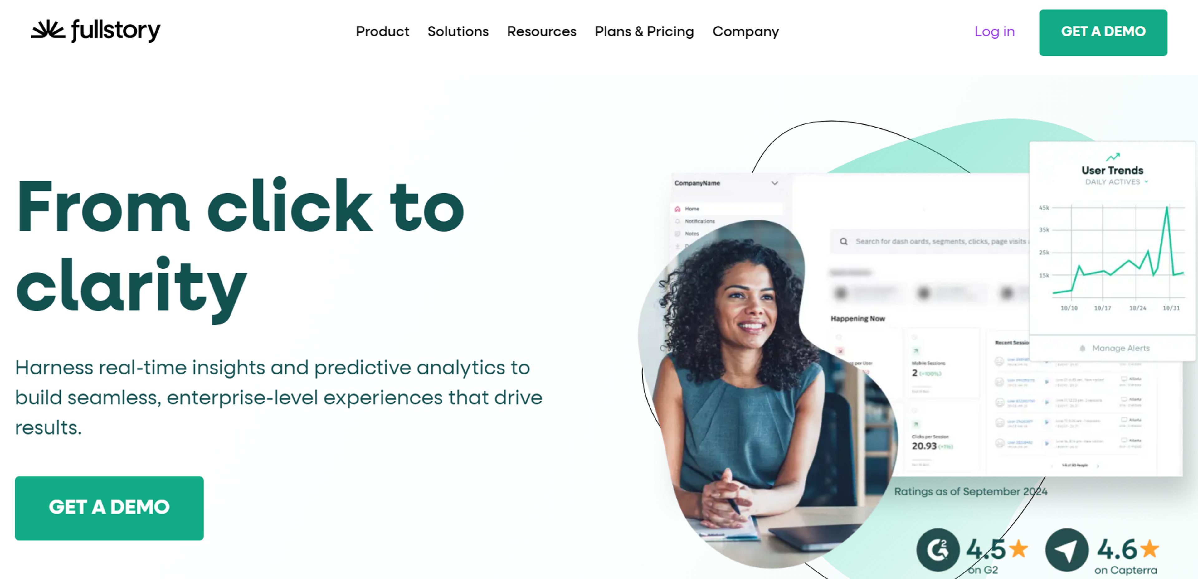 This image is a webpage promoting FullStory's analytics and insights platform