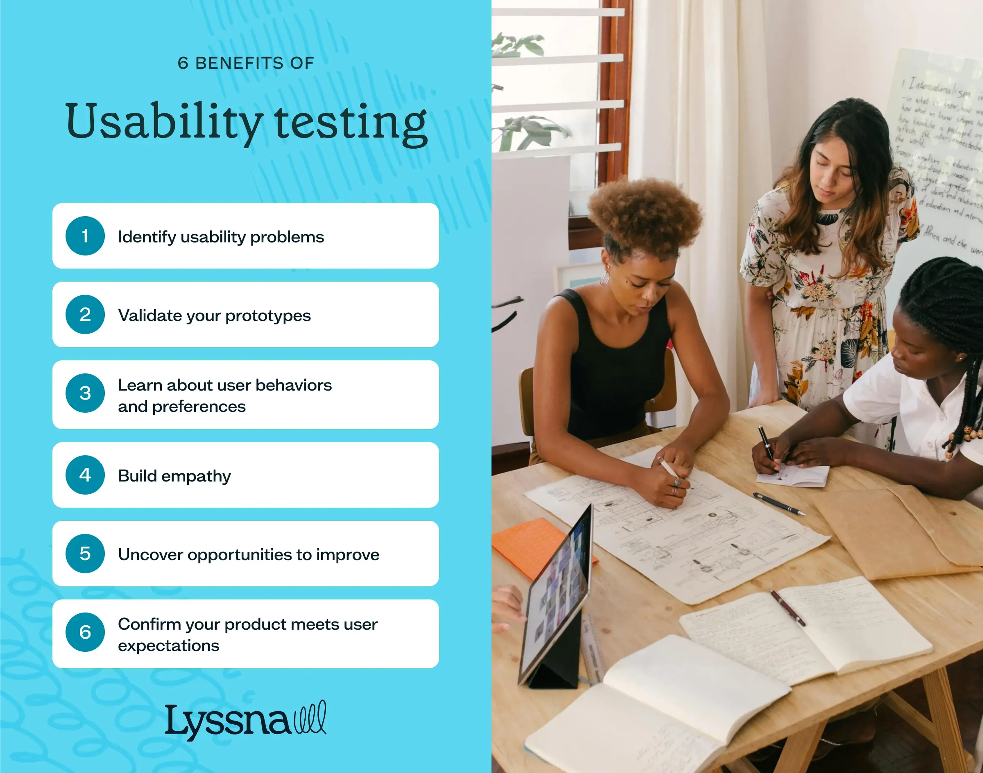 An infographic showing six benefits of usability testing