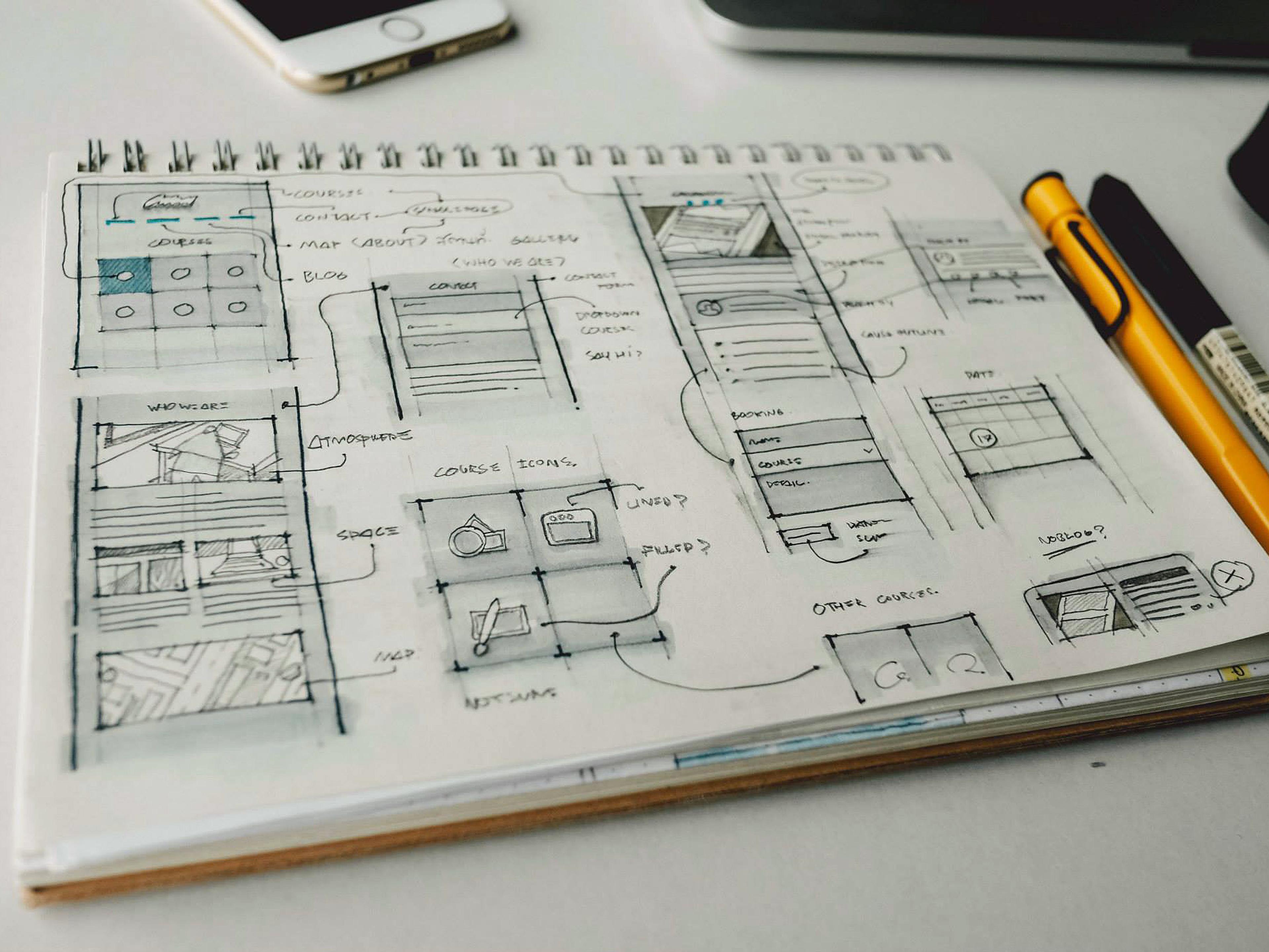A notebook with detailed wireframe sketches for a mobile app or website design
