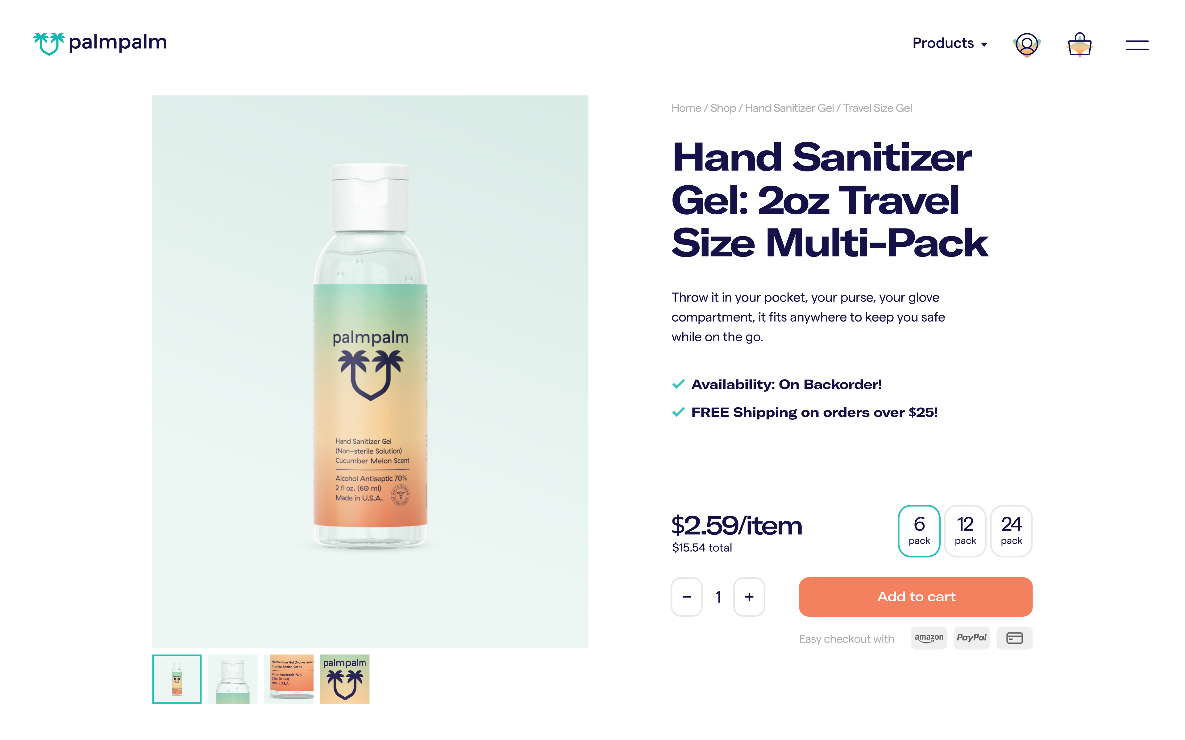 PalmPalm website page with hand sanitizer gel product card