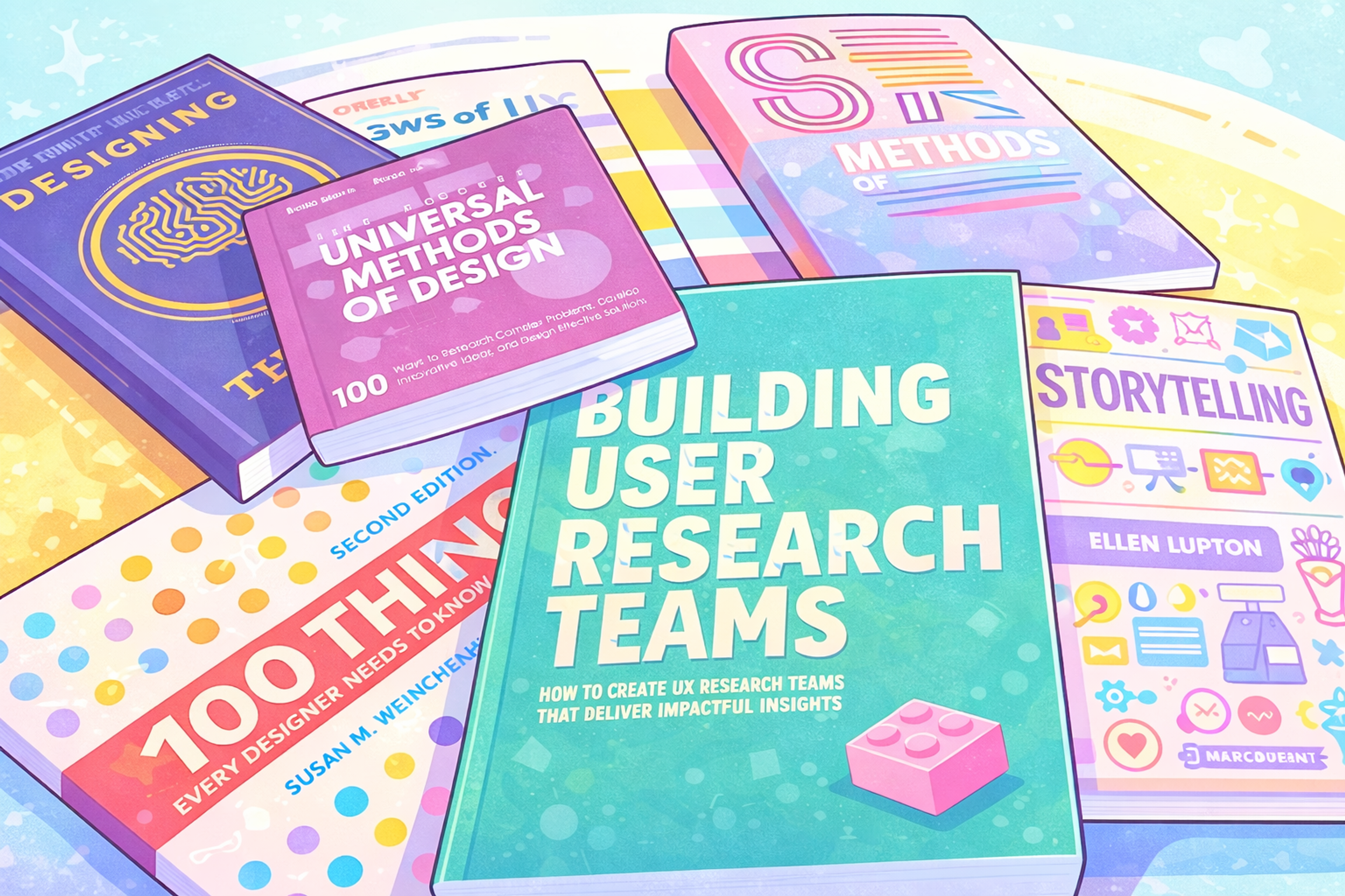 A collection of design and user research books spread out on a surface