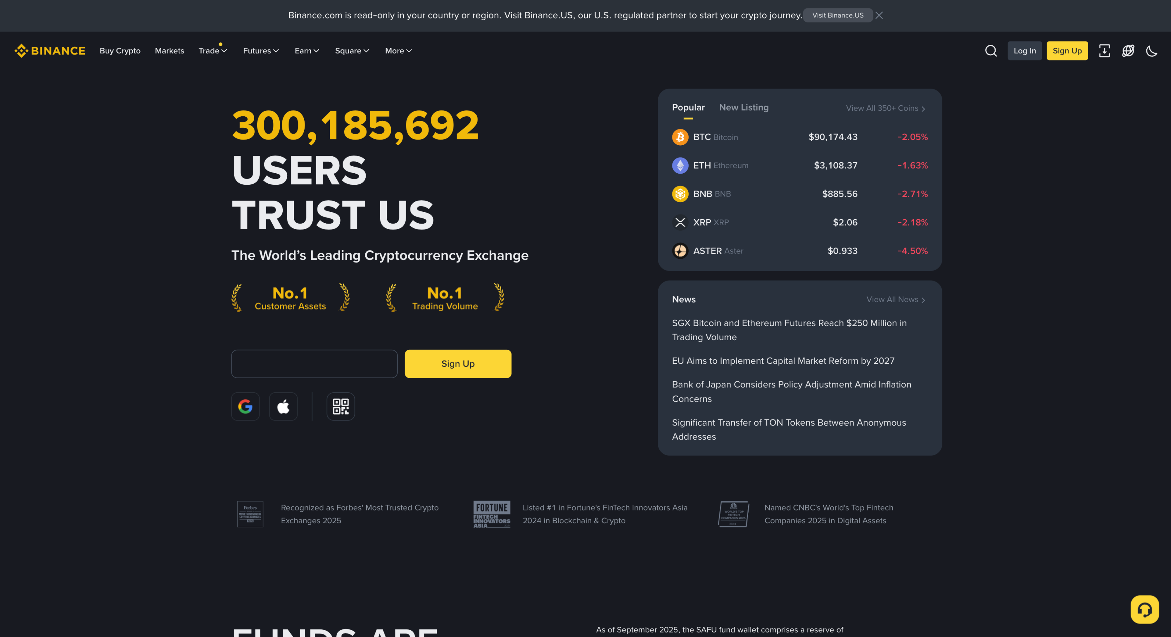 Binance in the dark mode