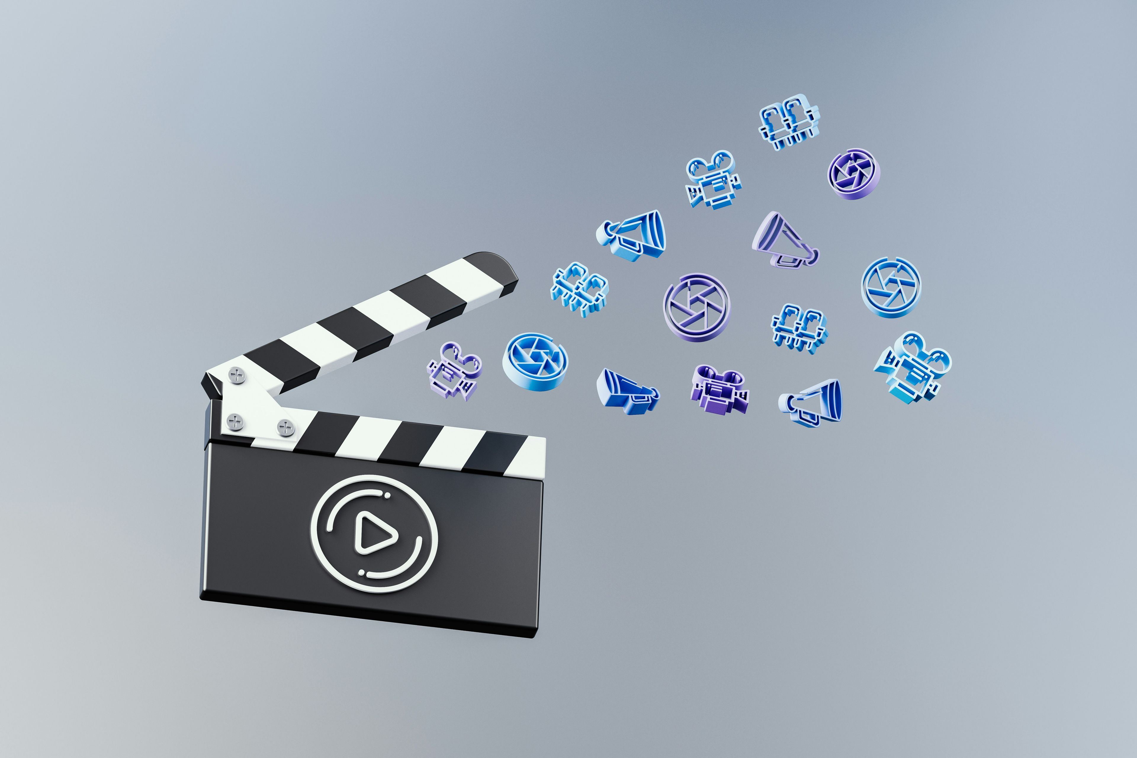 a movie clapper with a bunch of icons