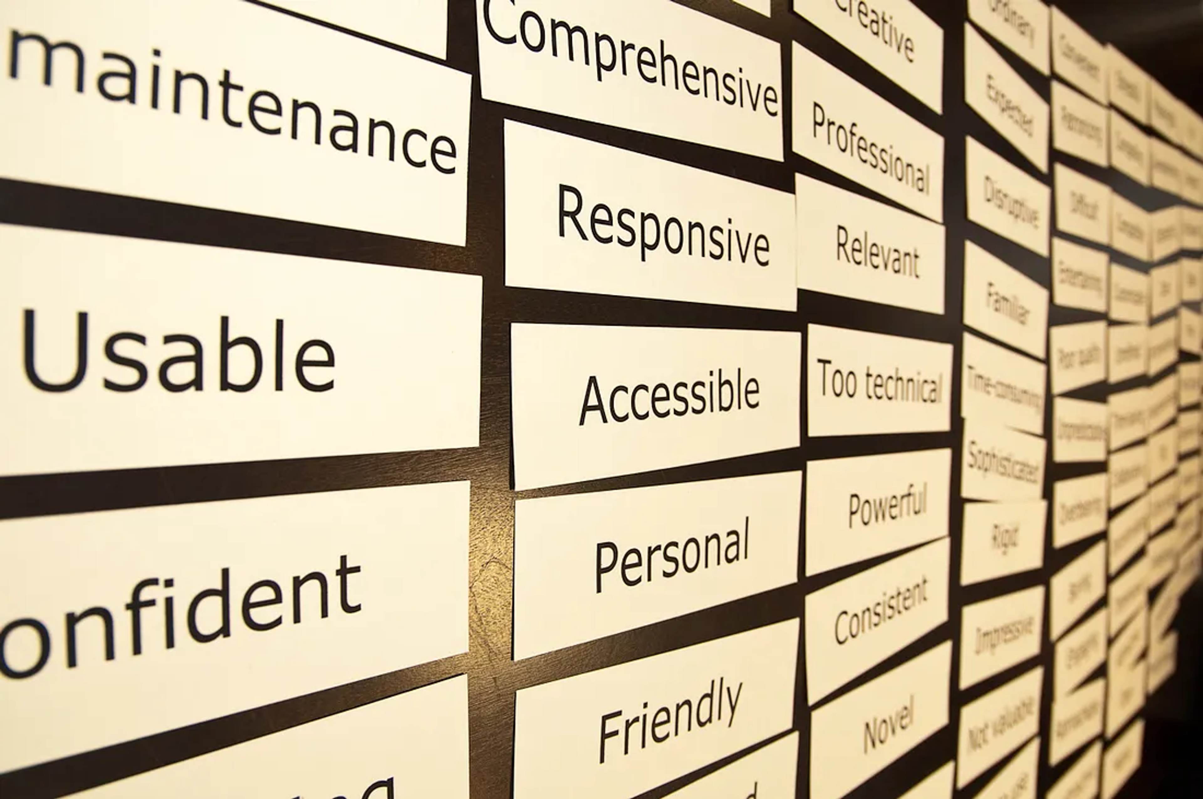 wall covered with labeled cards displaying descriptive words