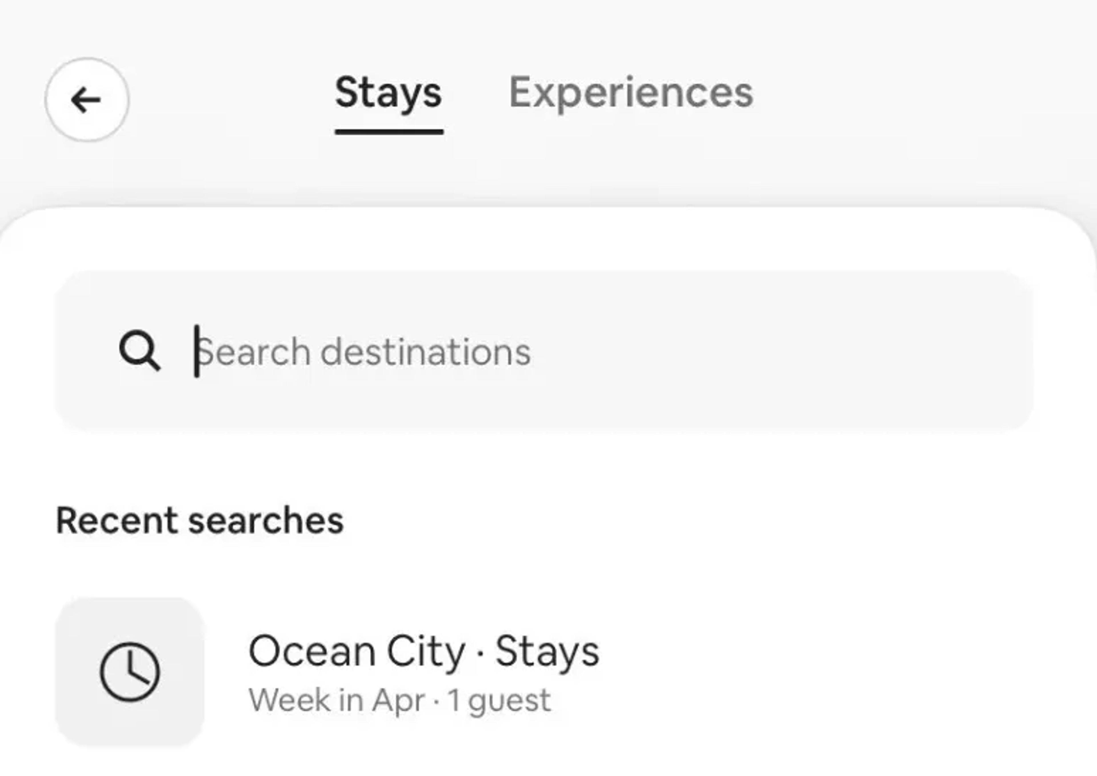 This is a search interface for stays and experiences with recent searches displayed