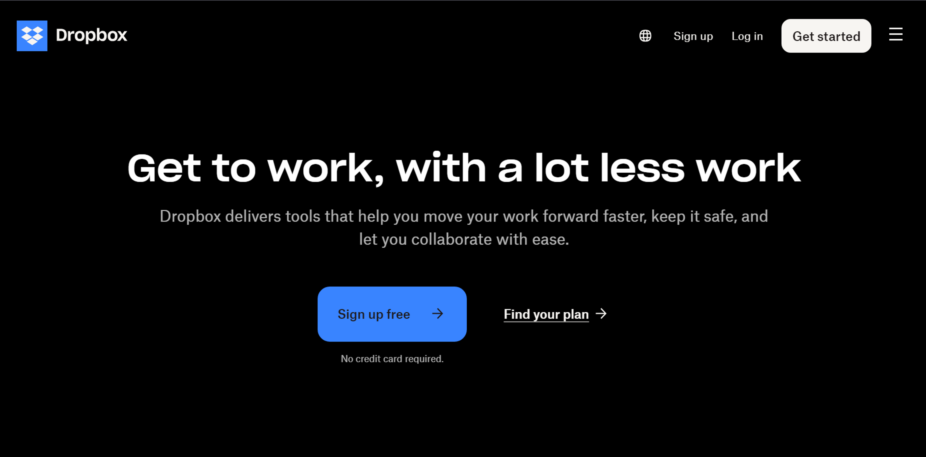 Dropbox landing page with a call-to-action for signing up or choosing a plan