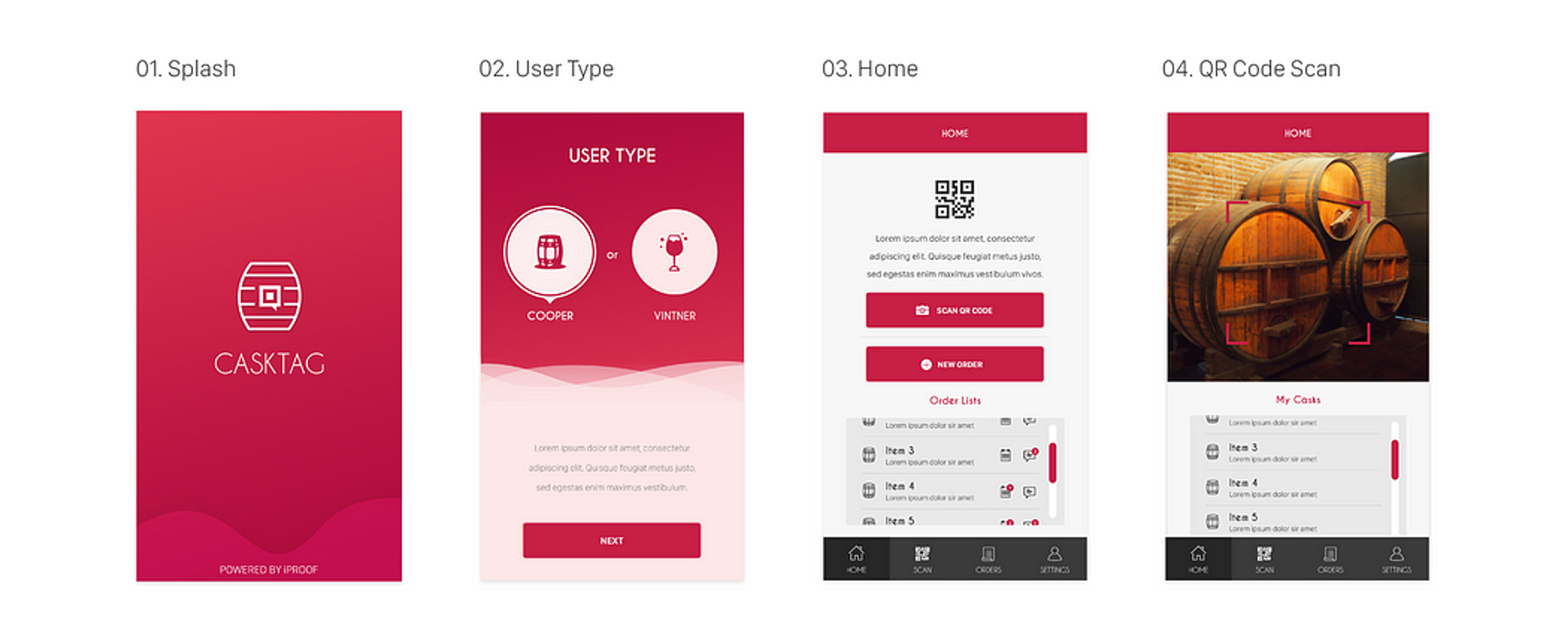 Mobile app interface screens for "CaskTag"