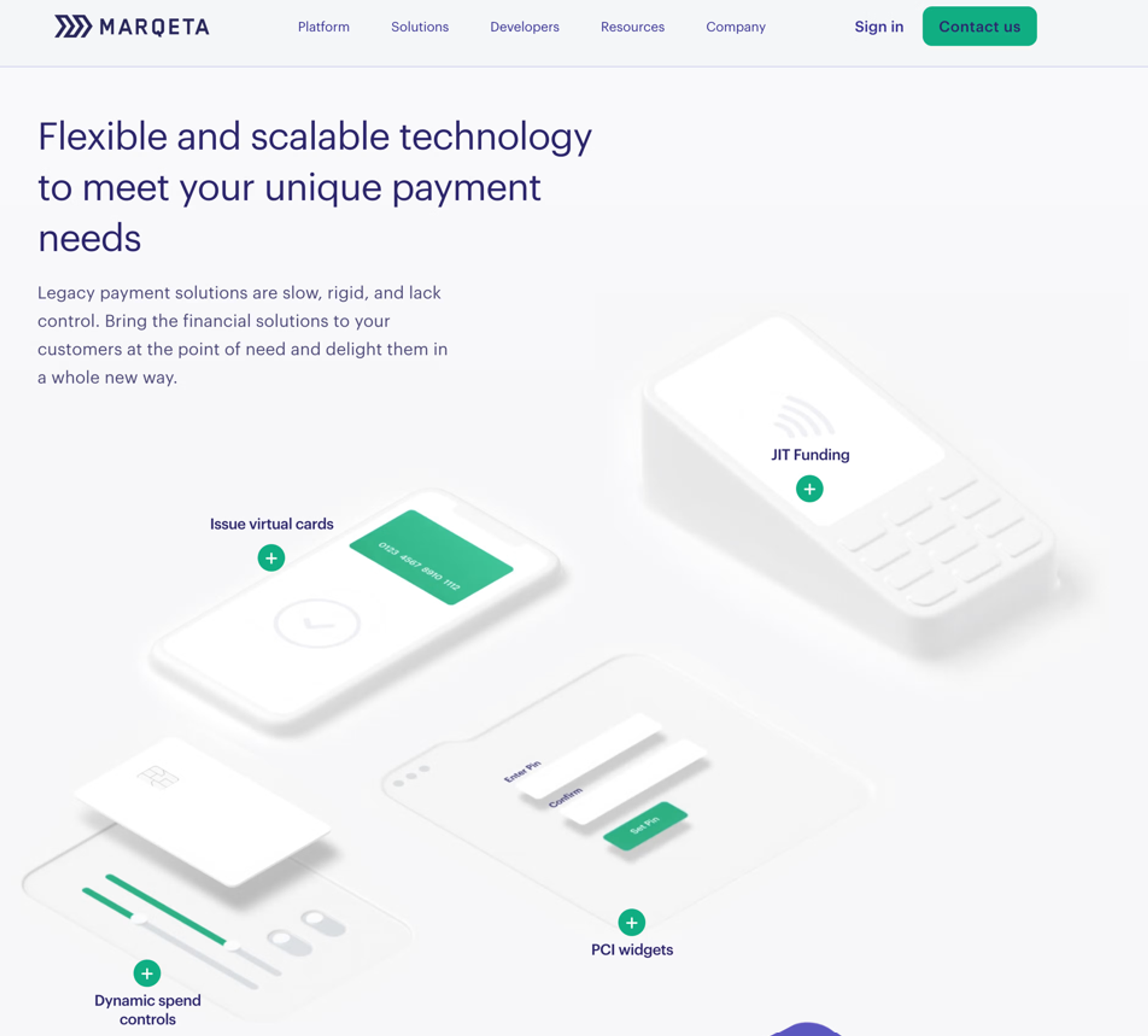 Marqeta webpage showcasing scalable payment technology features