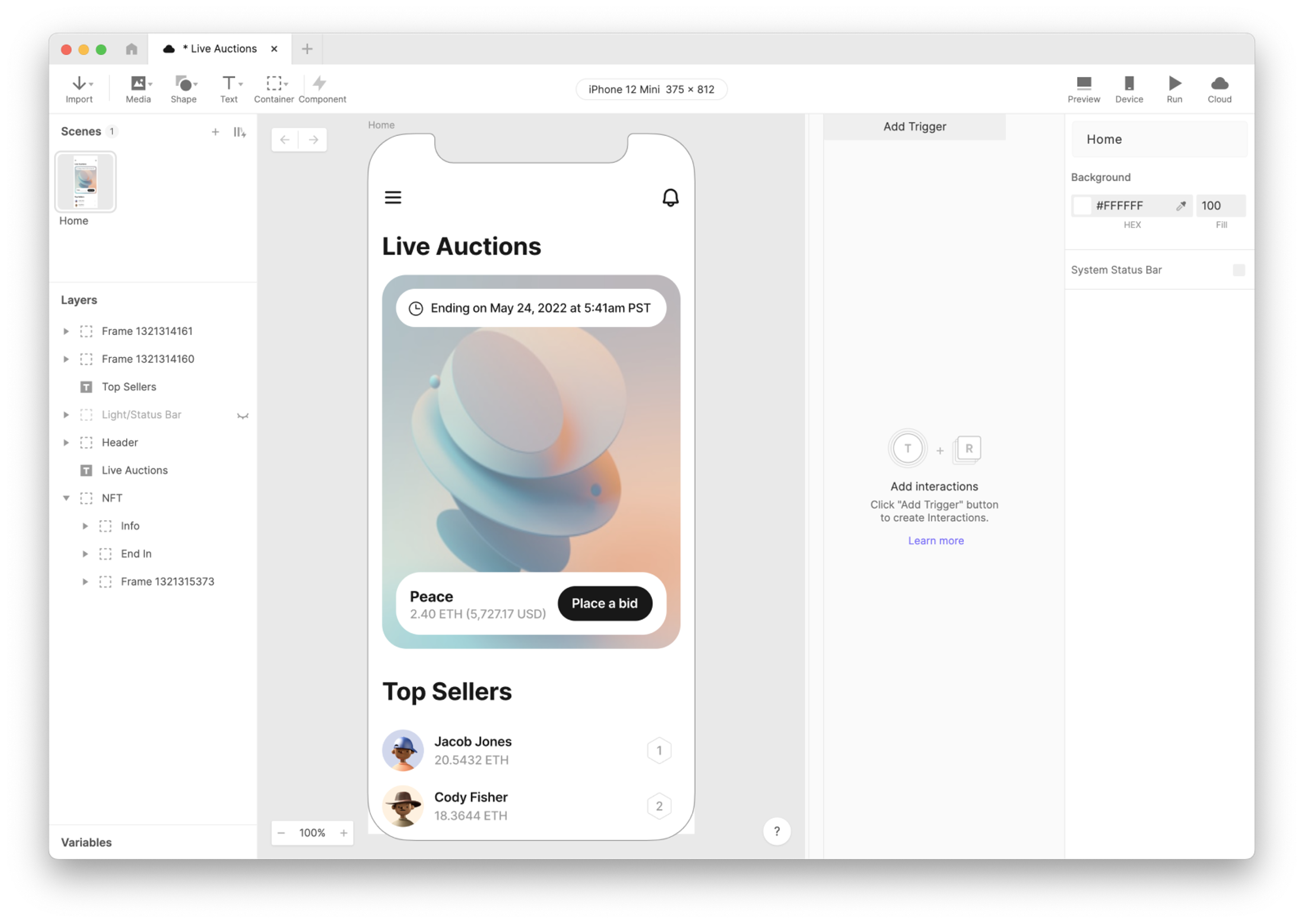 Mobile app design prototype for a "Live Auctions" interface