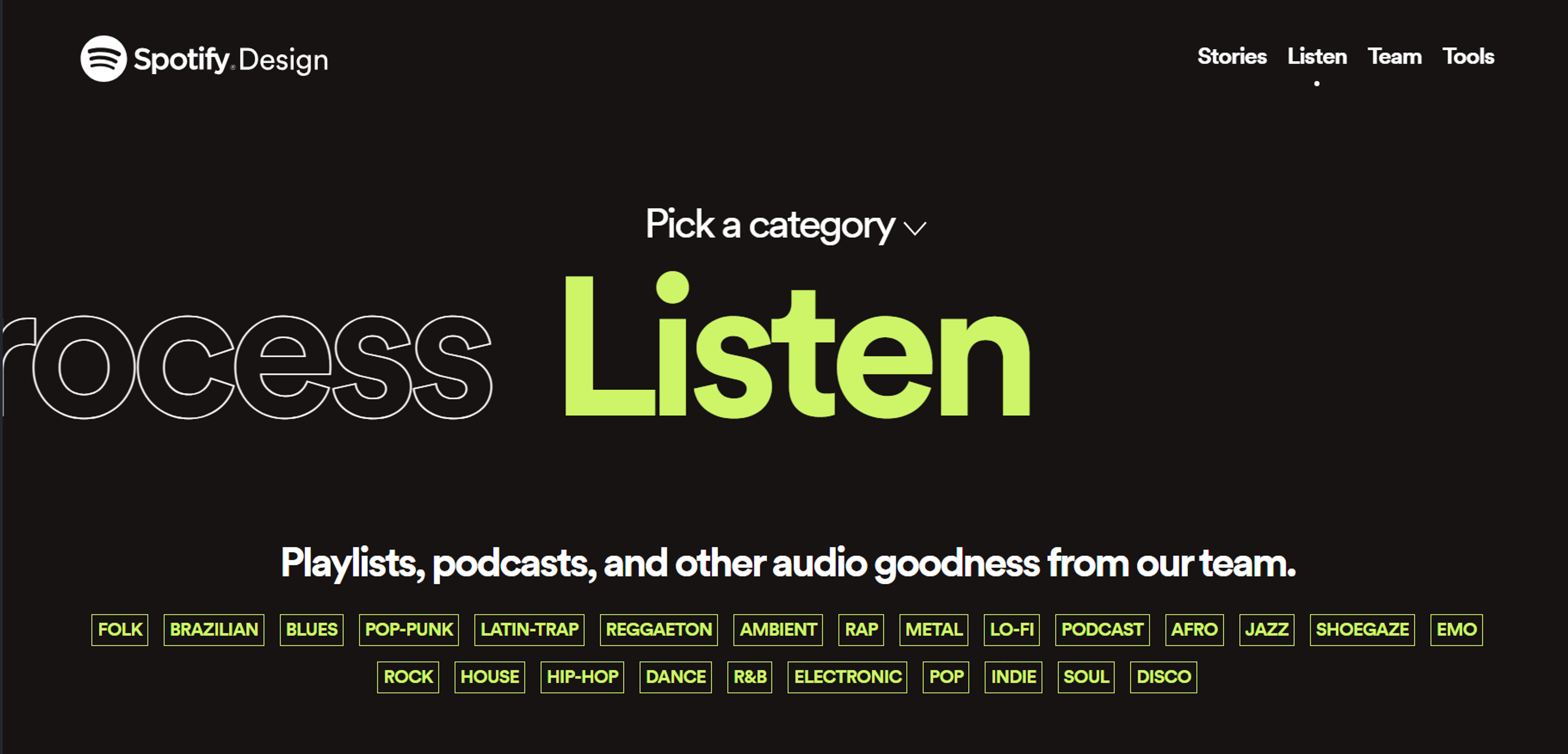 Spotify Design page featuring playlists, podcasts, and audio categories to explore