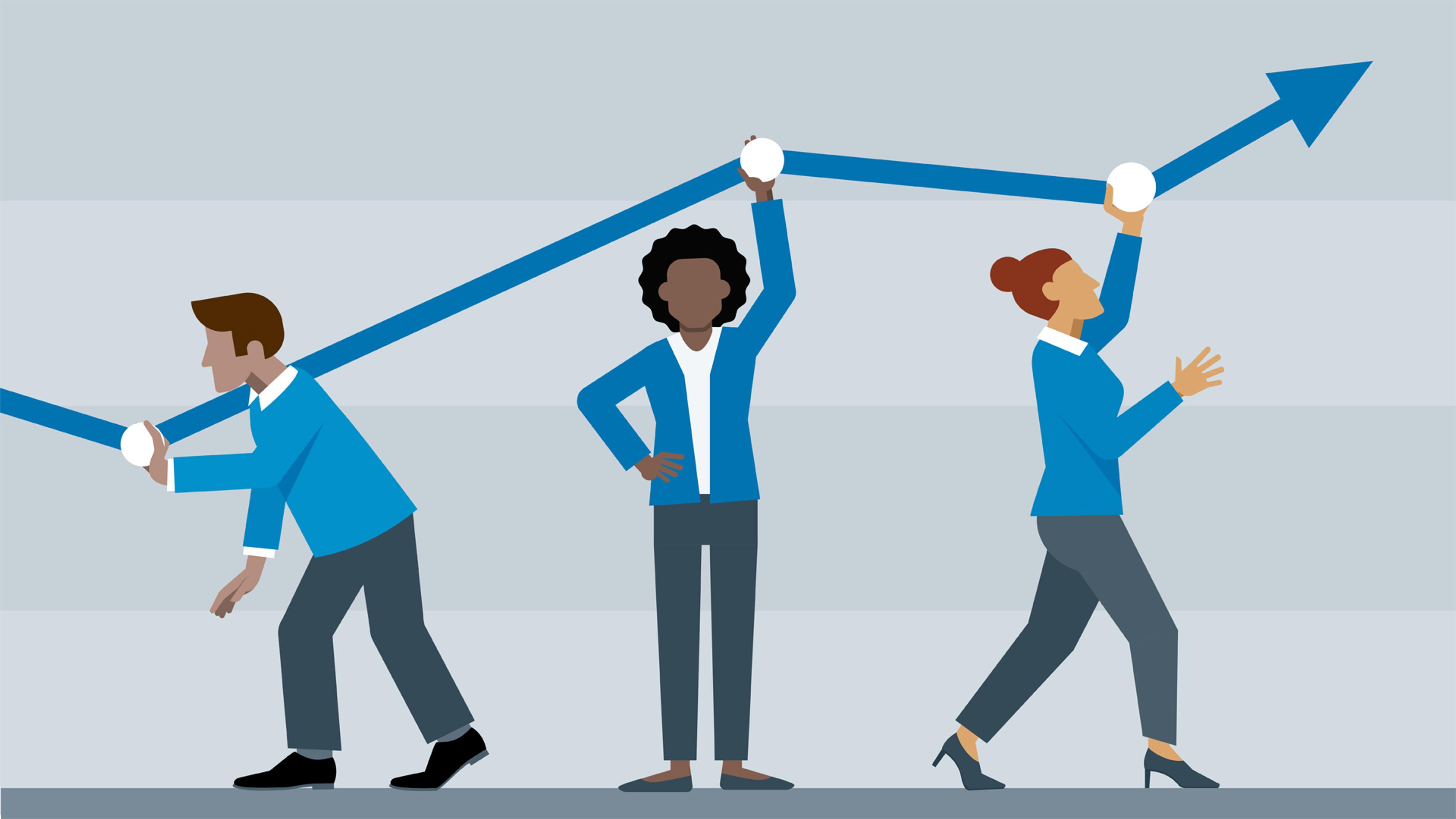 drawn people holding a graph above them