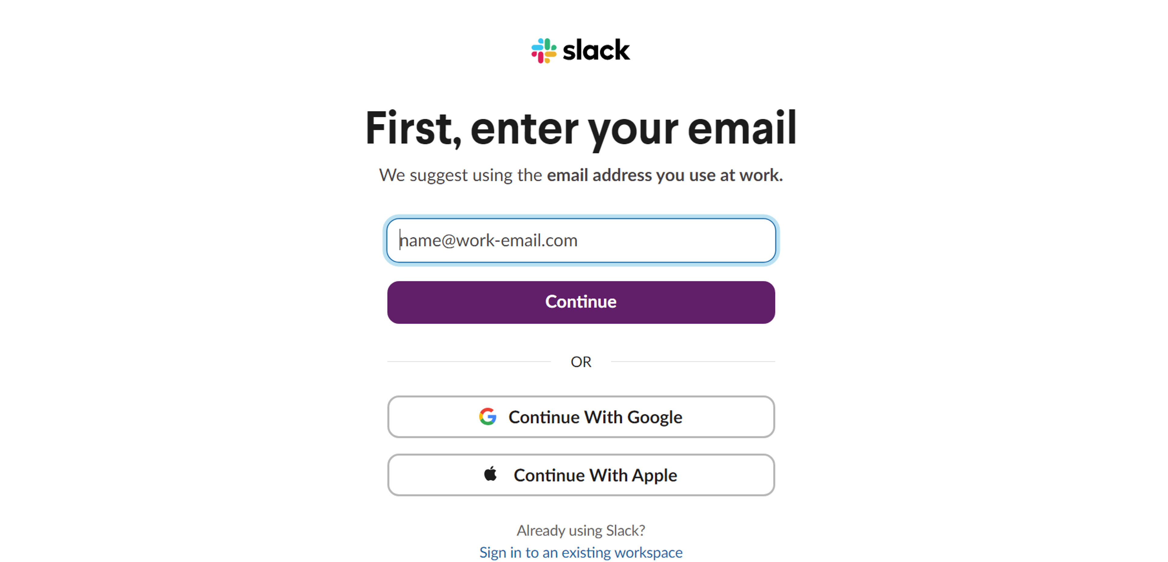 Slack's sign-up screen prompting users to enter their email