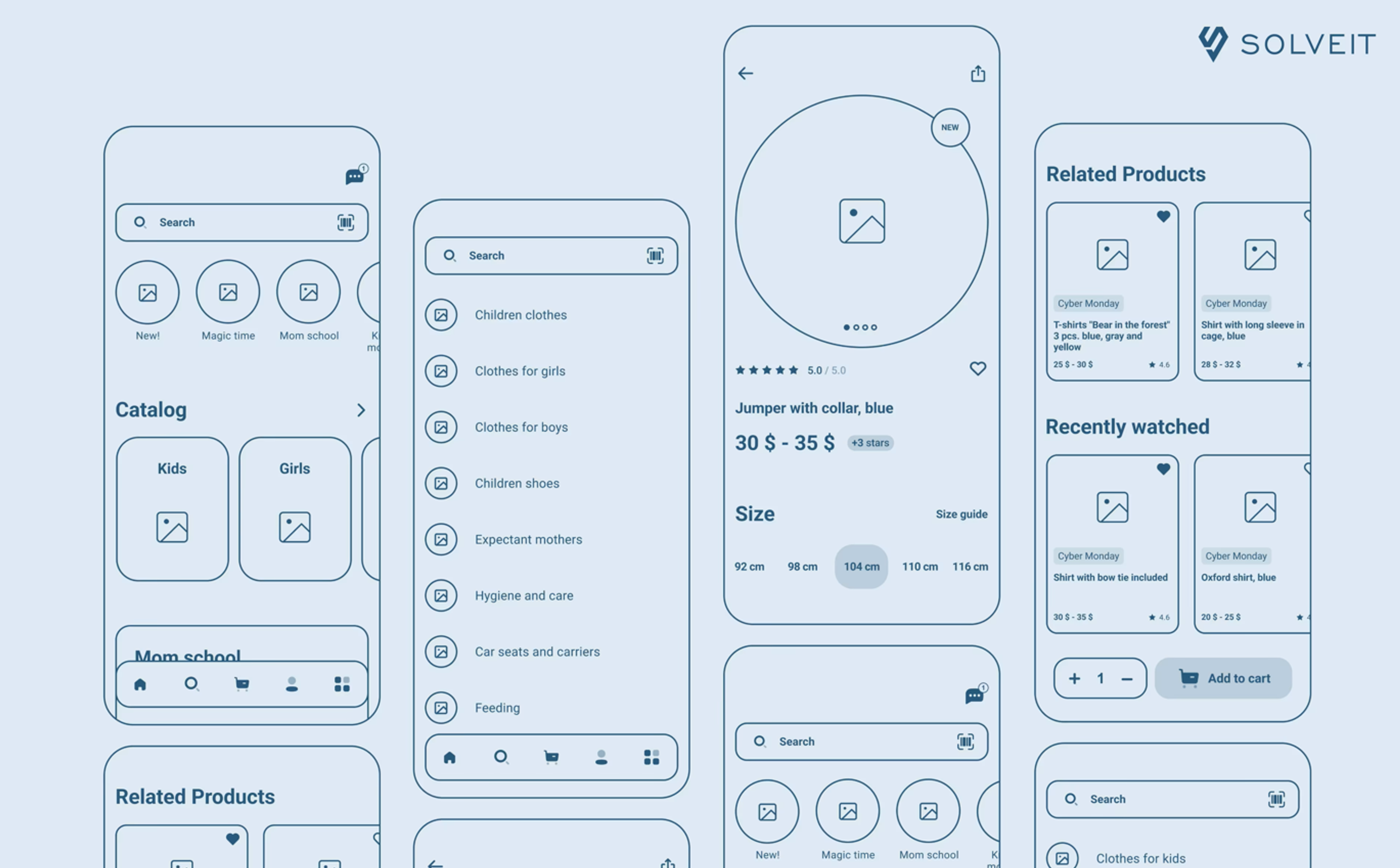 E-commerce Children Store App Wireframe Example, SolveIt