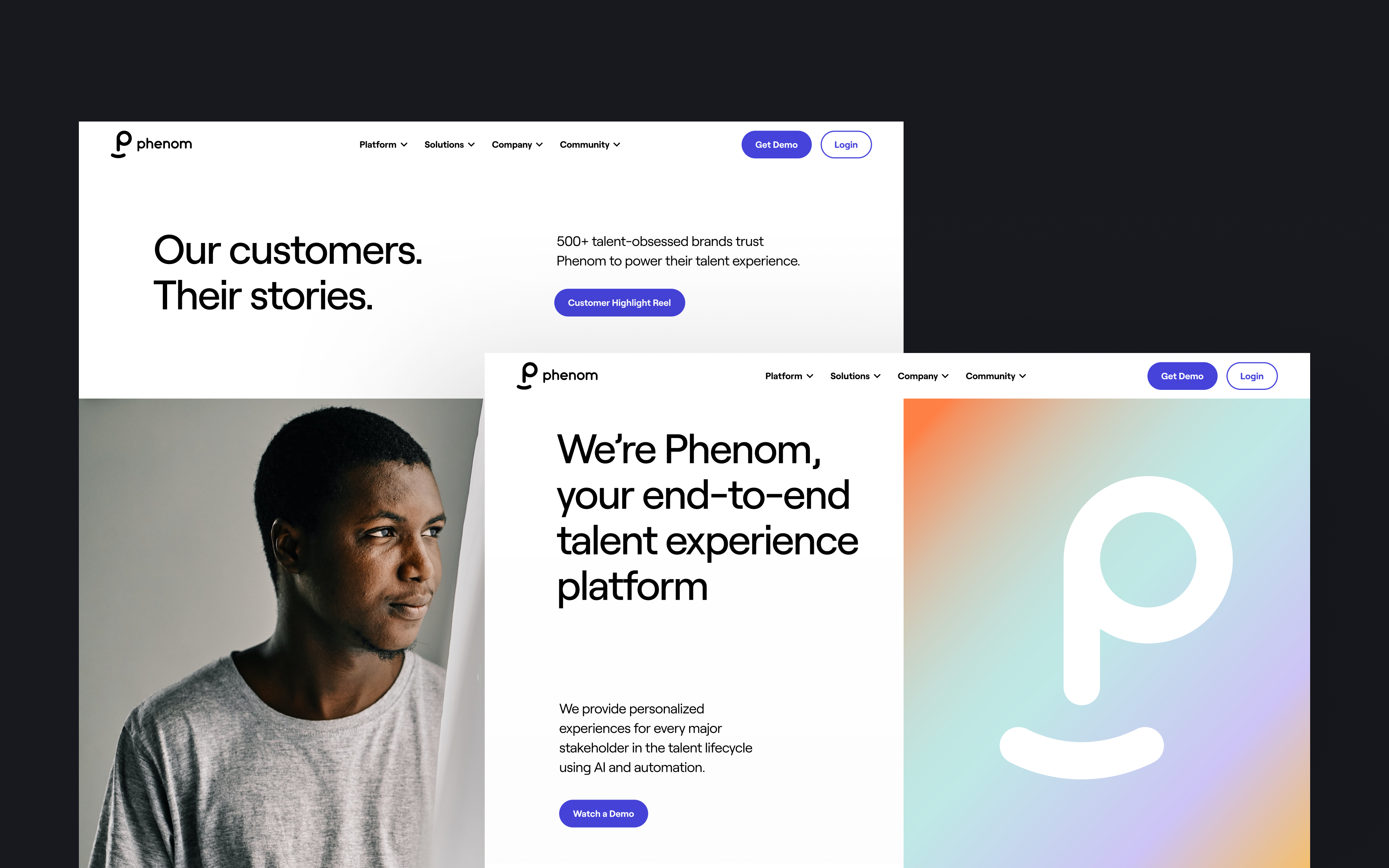 Two Phenom marketing website layouts, one introducing the talent experience platform and the other presenting customer stories.