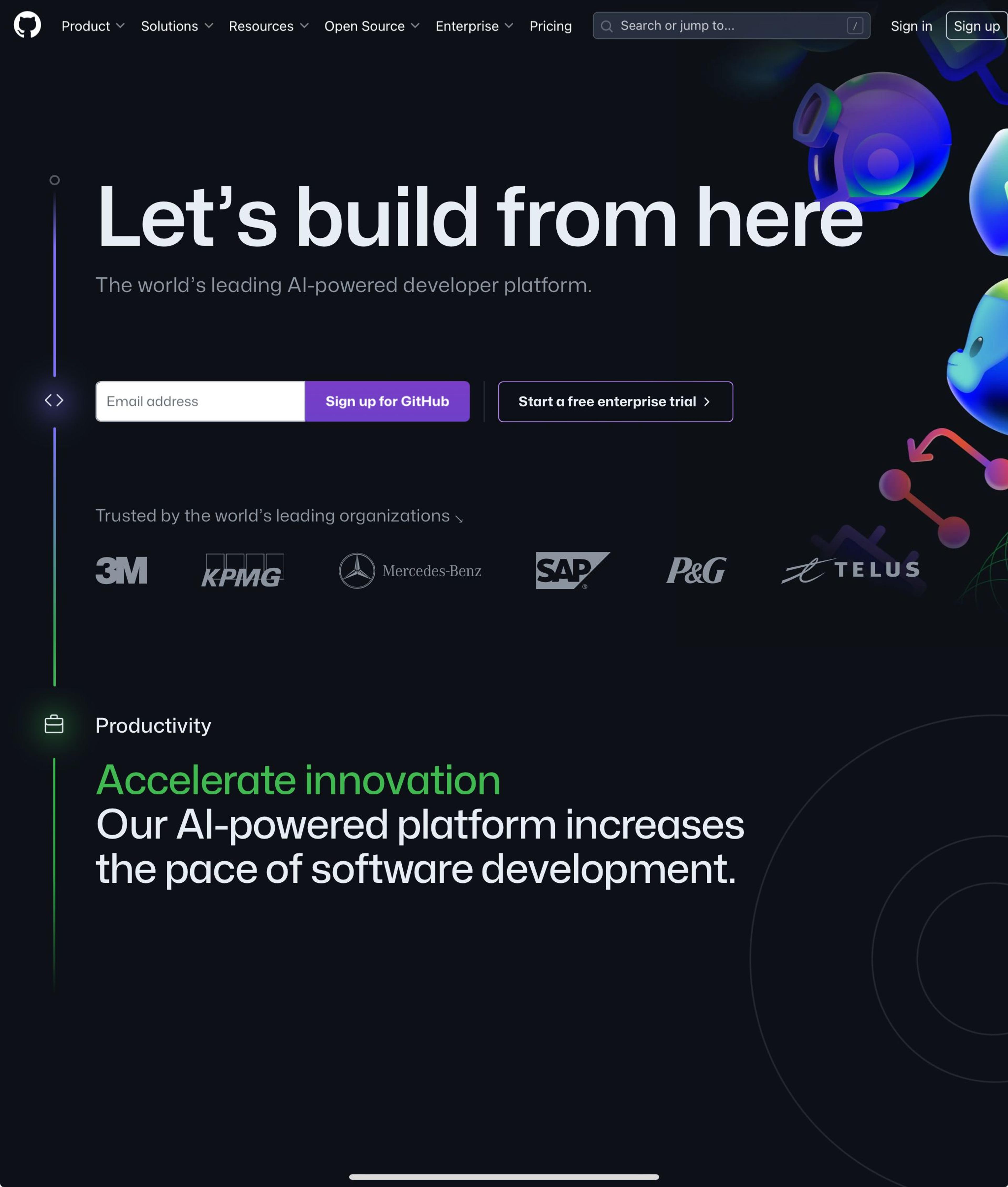 GitHub homepage promoting AI-powered developer tools