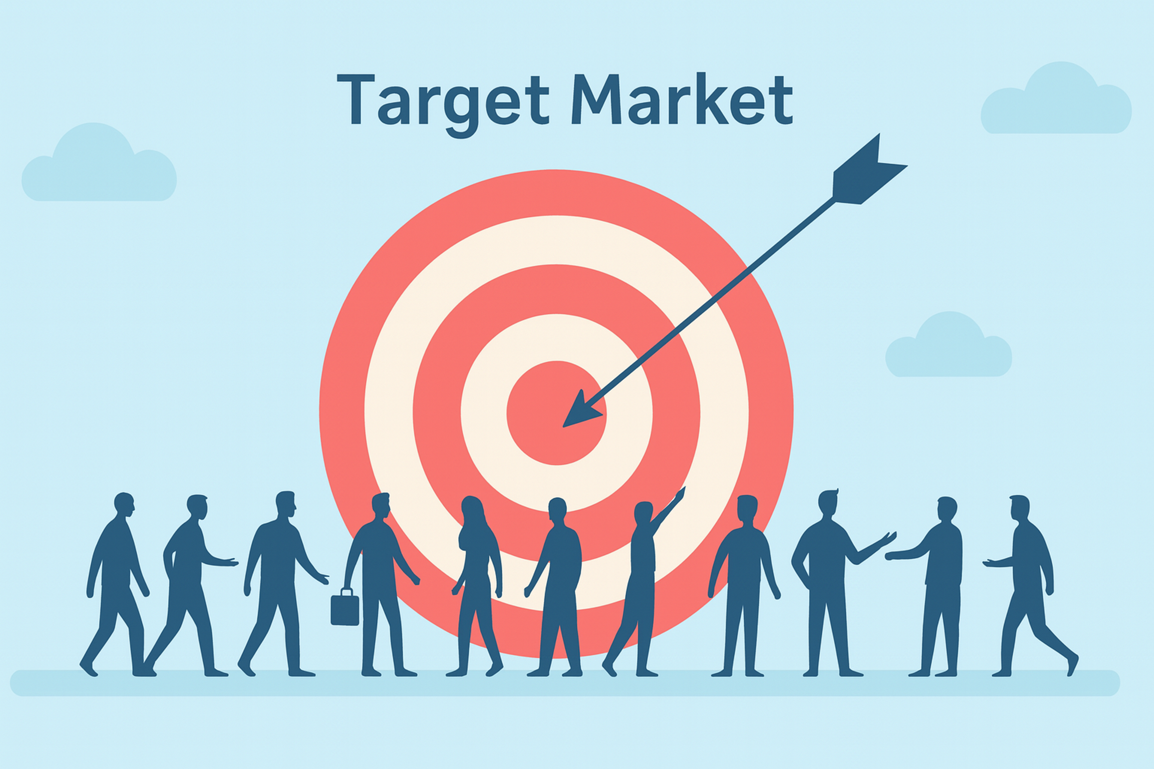 A giant red target and a lot of different people in 1/3 of its size surrounding it 