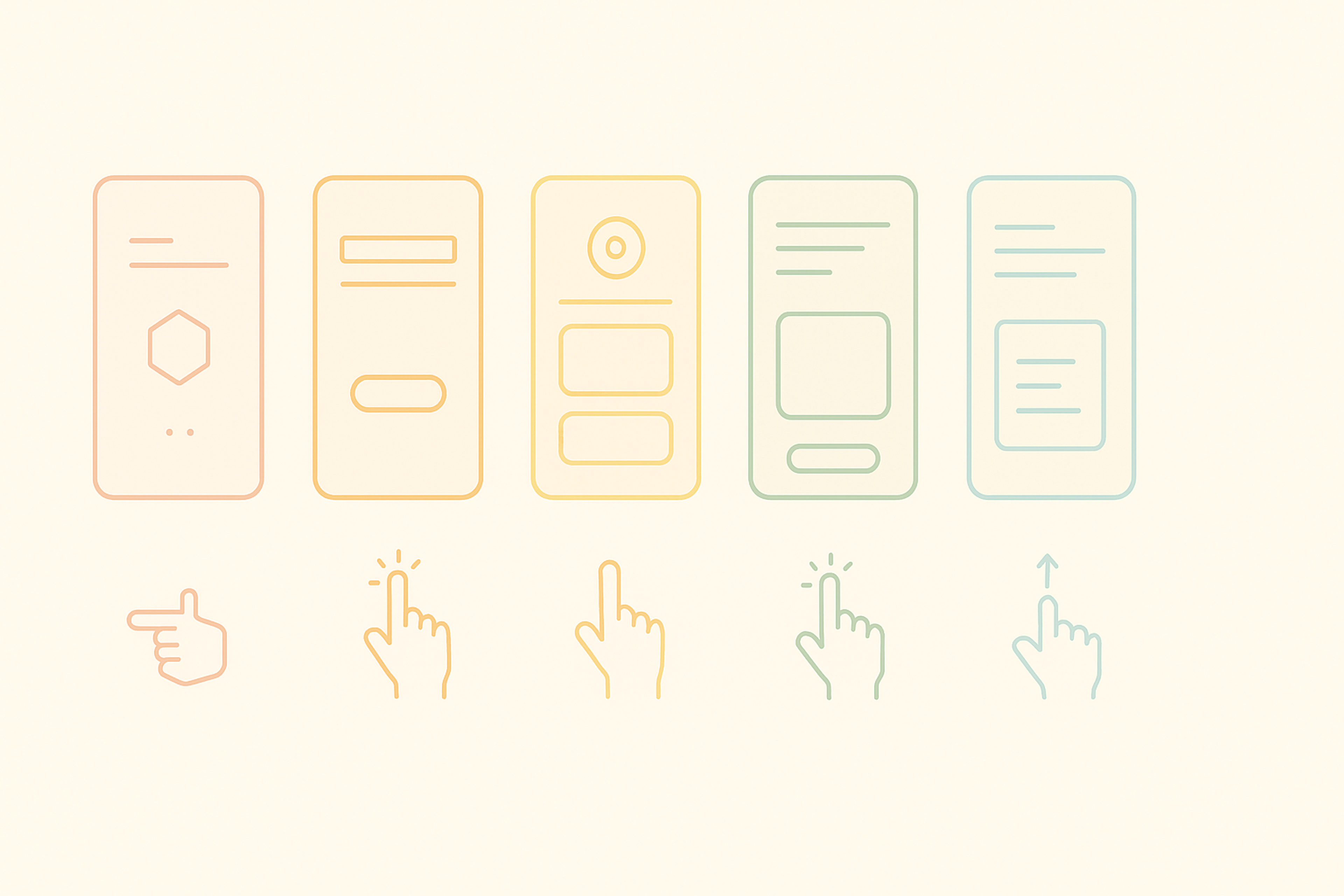 Wireframe designs with hand gestures illustrating user interaction