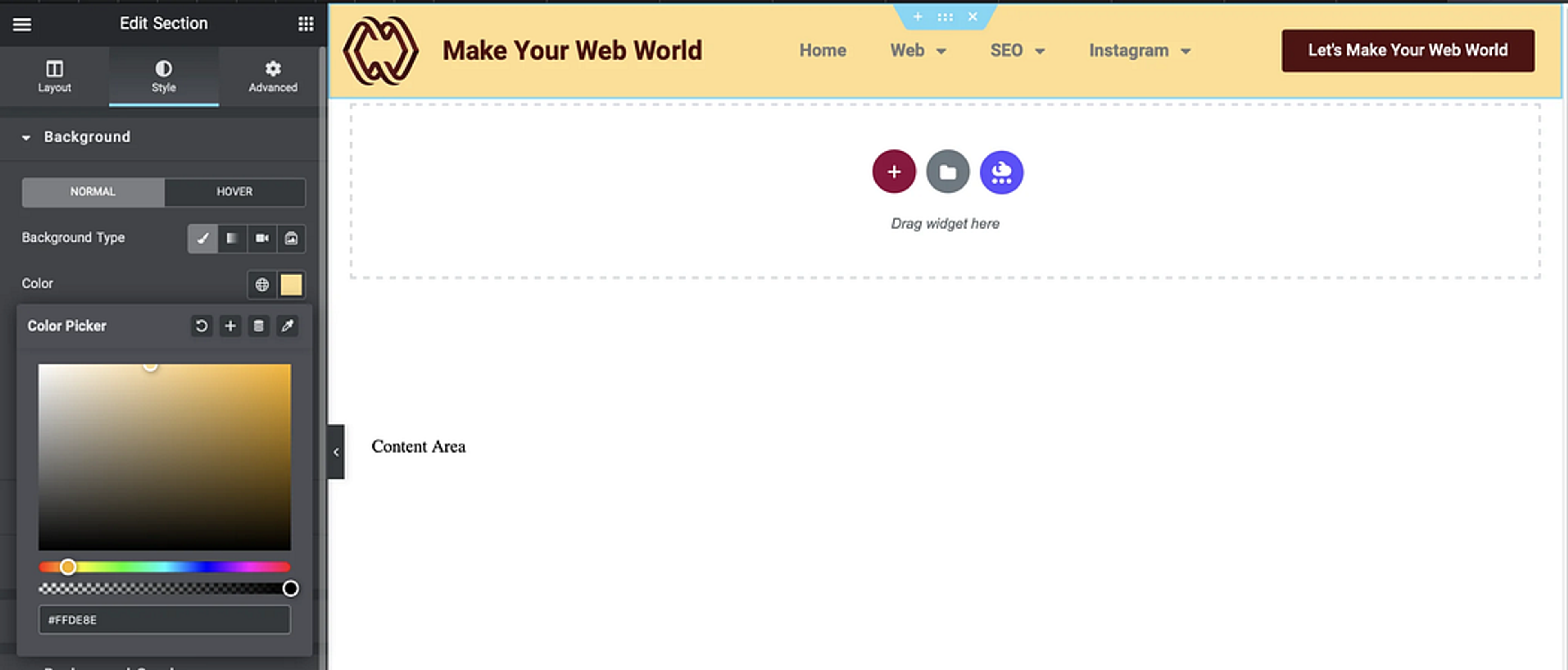  website being edited in Elementor, a WordPress page builder