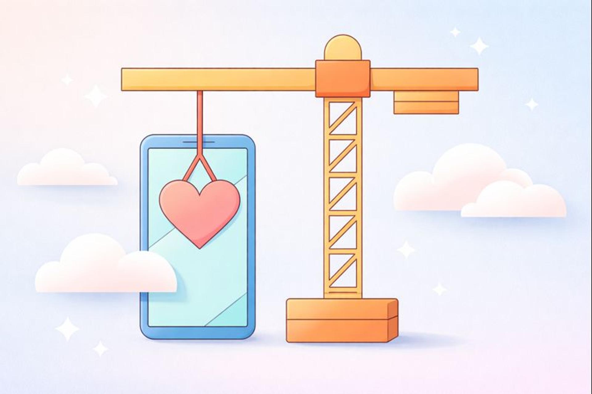 Illustration of mobile app development with a crane lifting a heart onto a smartphone