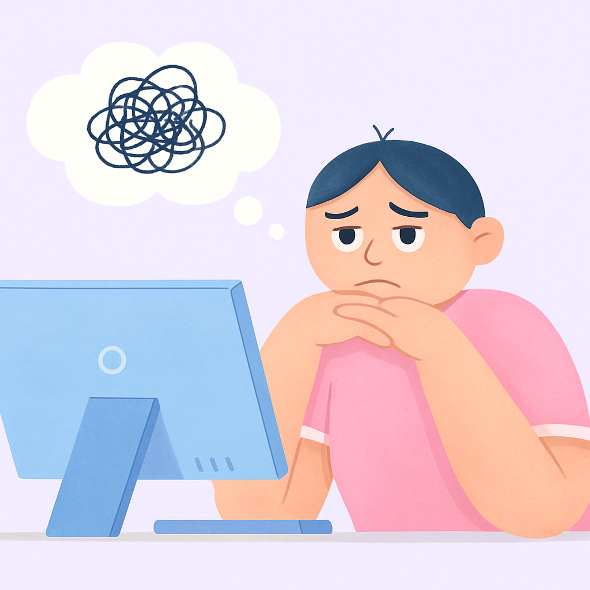 a drawn man thinking in front of a computer