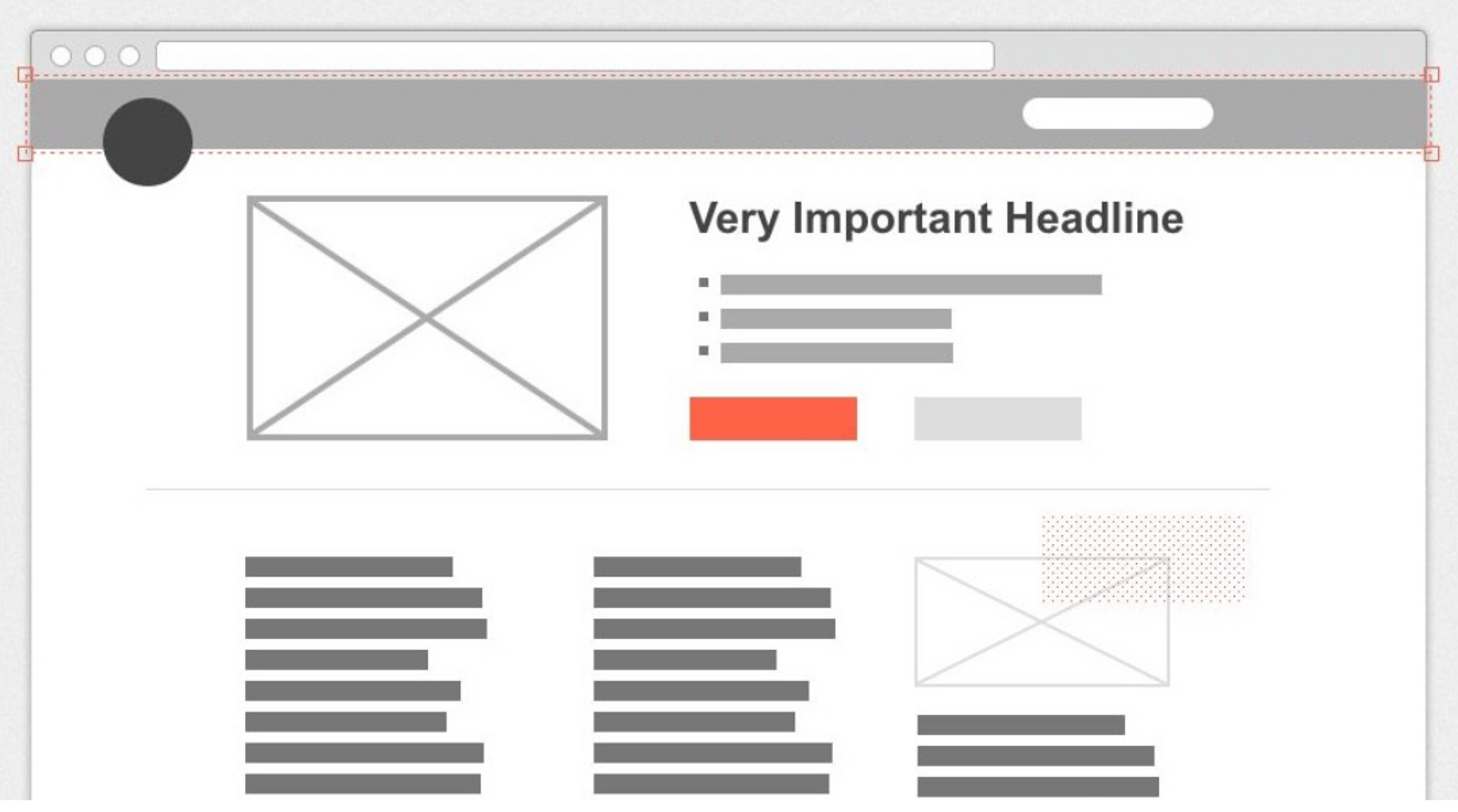 Wireframe layout of a webpage design with placeholders and content structure