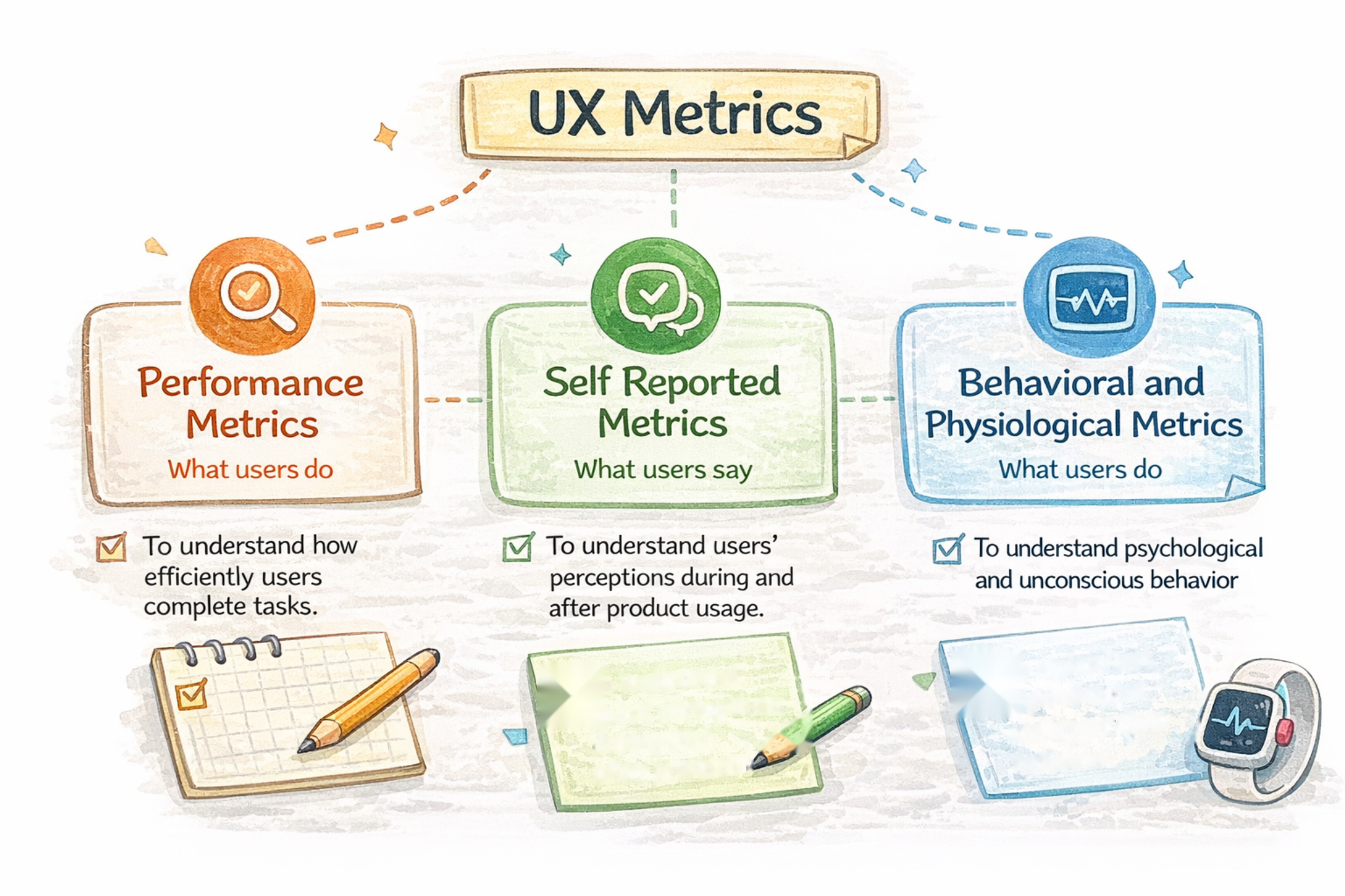 Overview of UX metrics categorized by performance, self-reported, and behavioral data