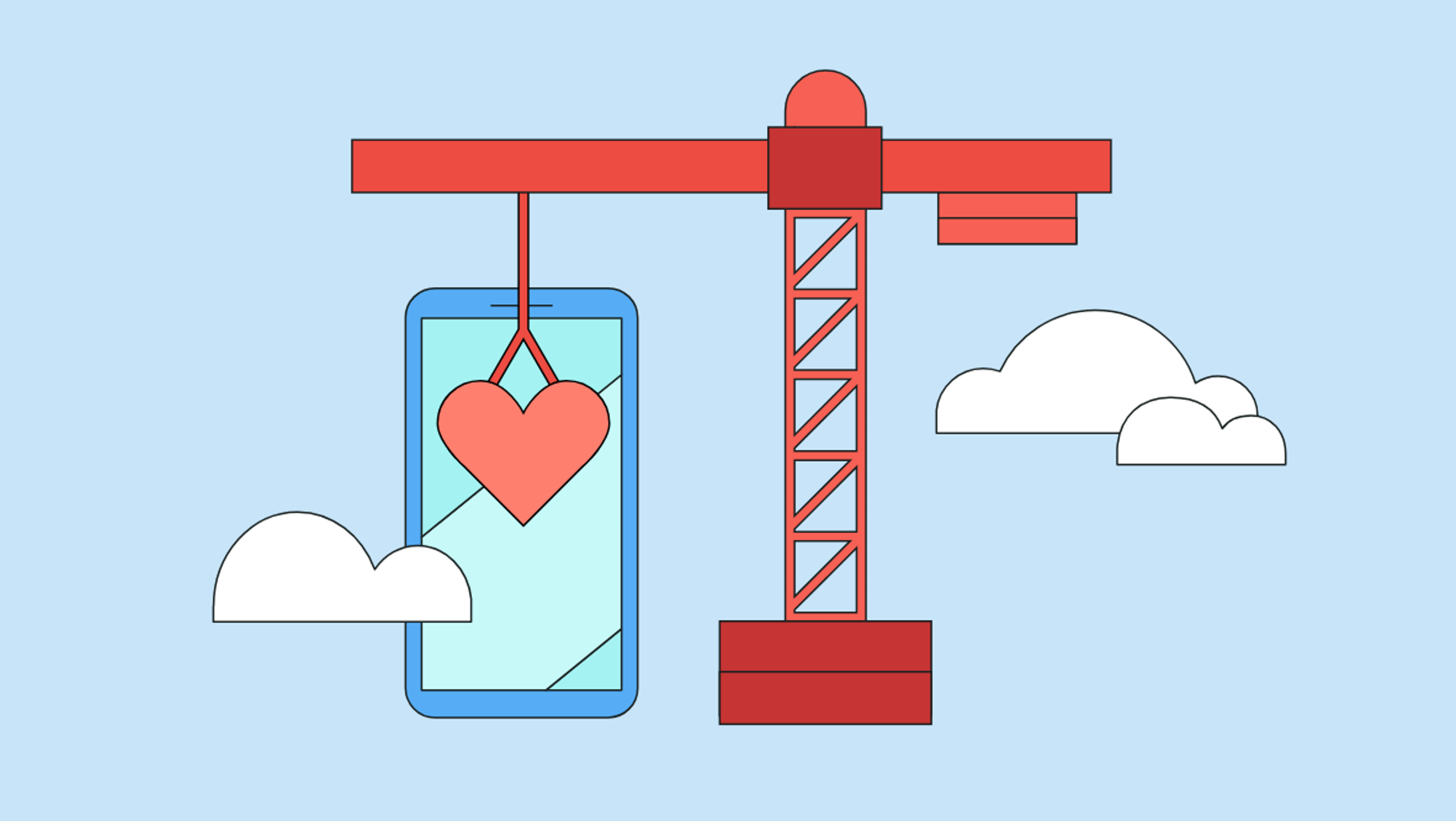 Illustration of mobile app development with a crane lifting a heart onto a smartphone