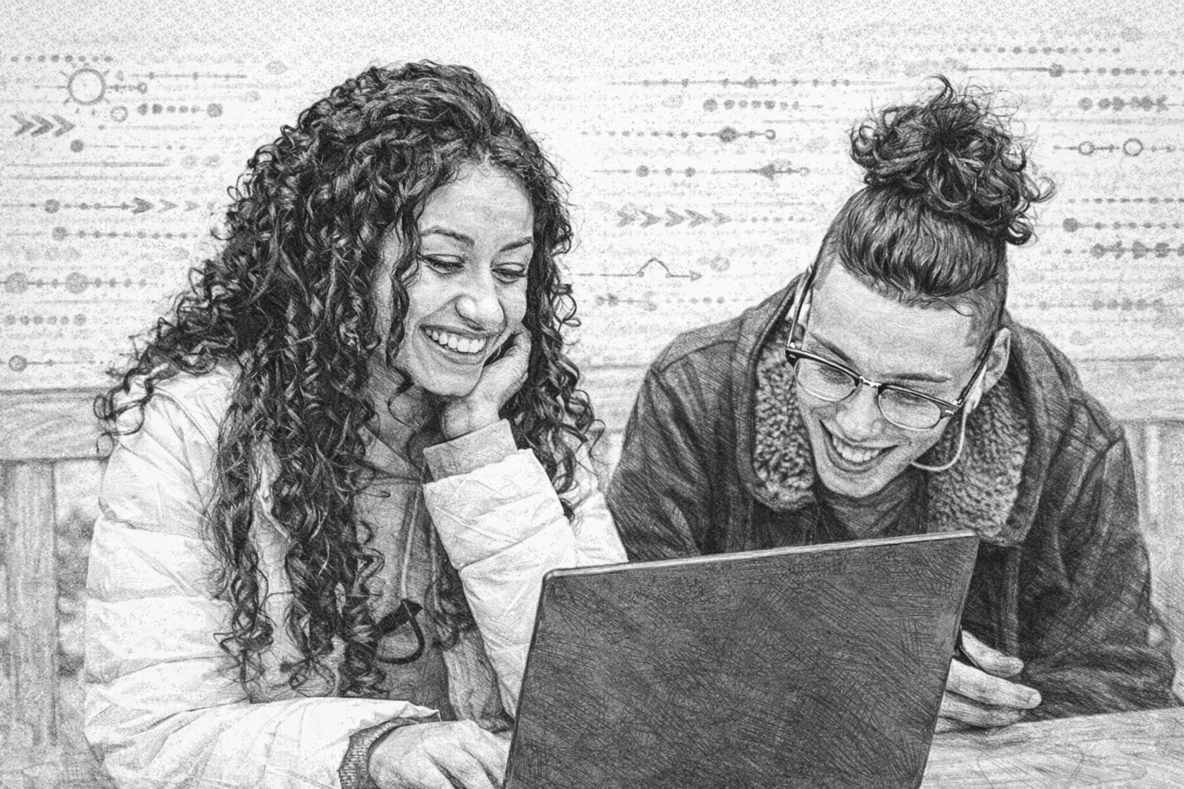 Two designers sitting at a table in a park, looking at a project on a laptop
