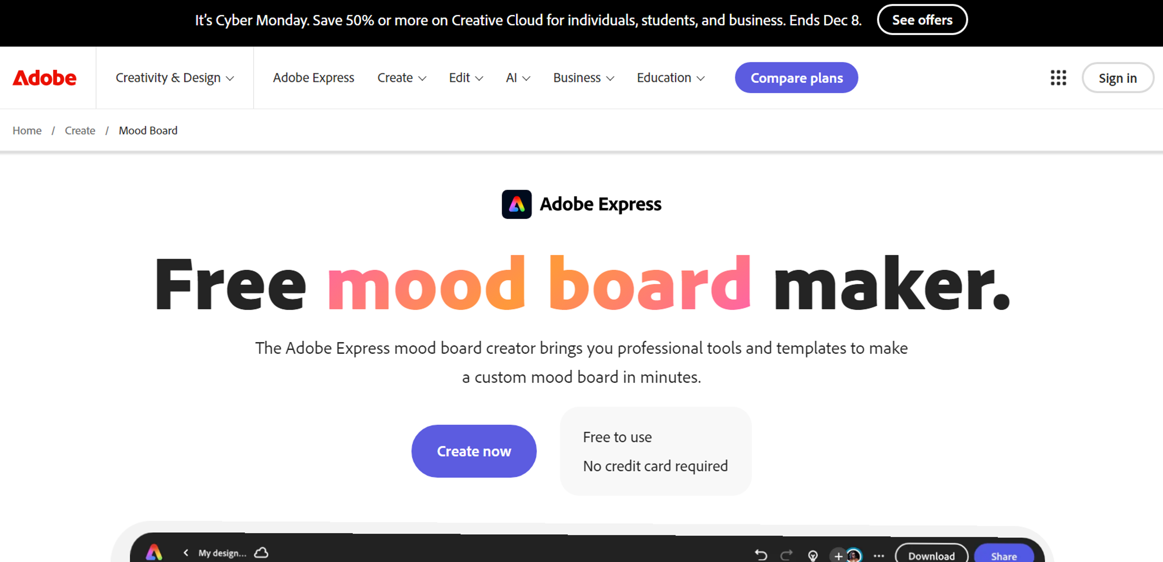 a landing page for Adobe Express Mood Board Maker