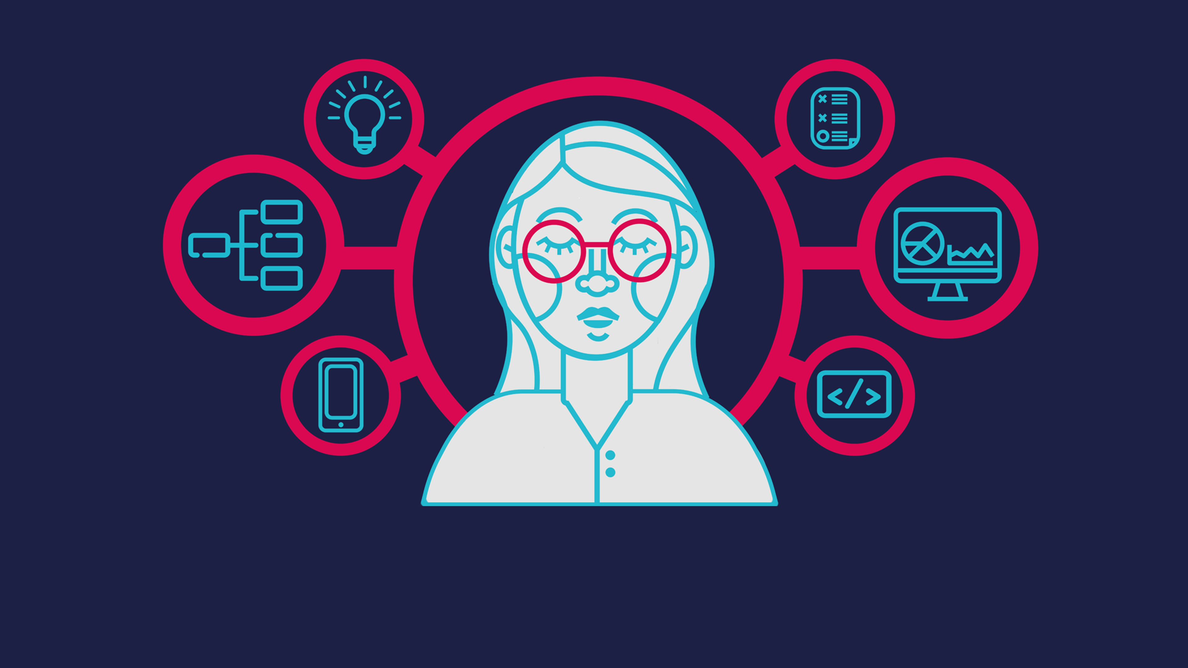 Illustration of a person surrounded by icons representing creativity and technology