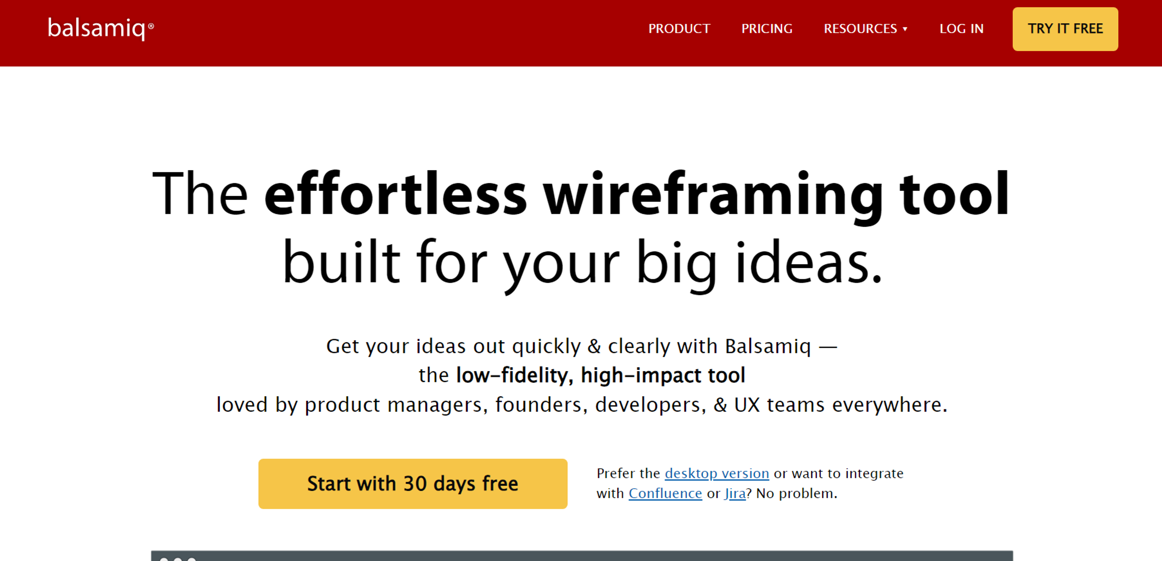 Balsamiq homepage promoting its effortless wireframing tool