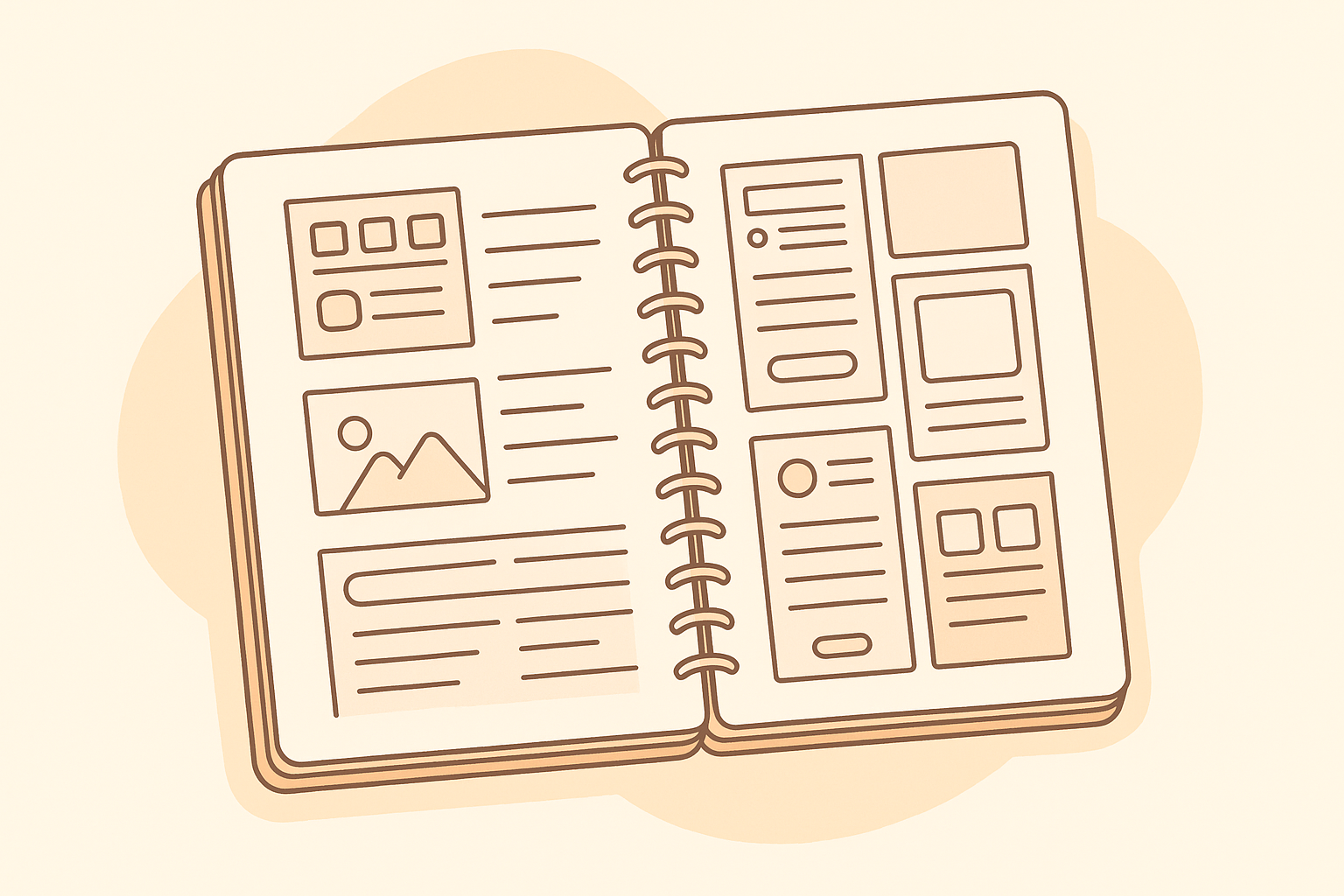 A notebook with detailed wireframe sketches for a mobile app or website design
