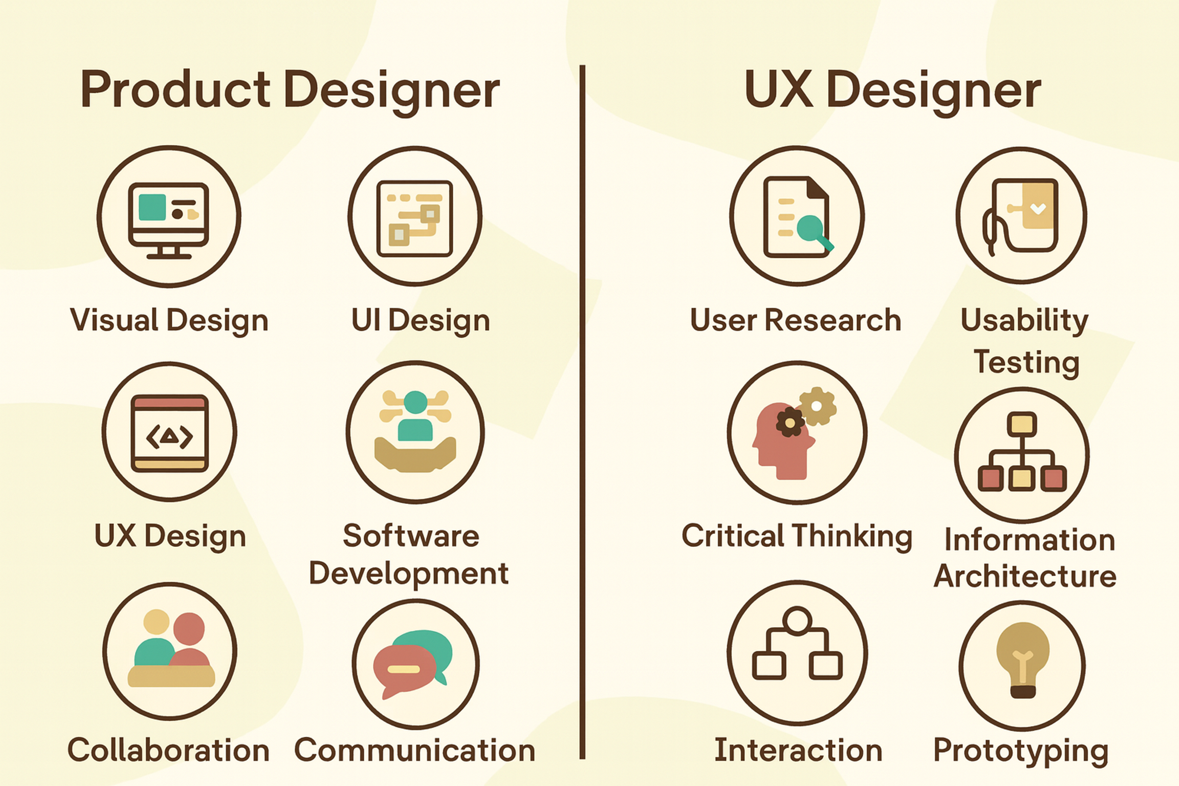 Comparison of essential skills for Product Designers and UX Designers