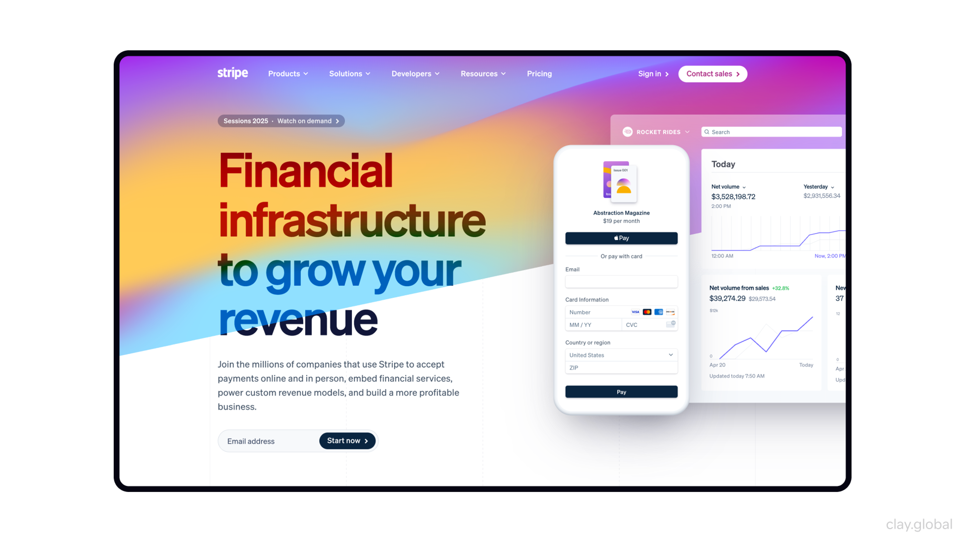 Stripe homepage showcasing financial solutions, payment tools, and major partner logos