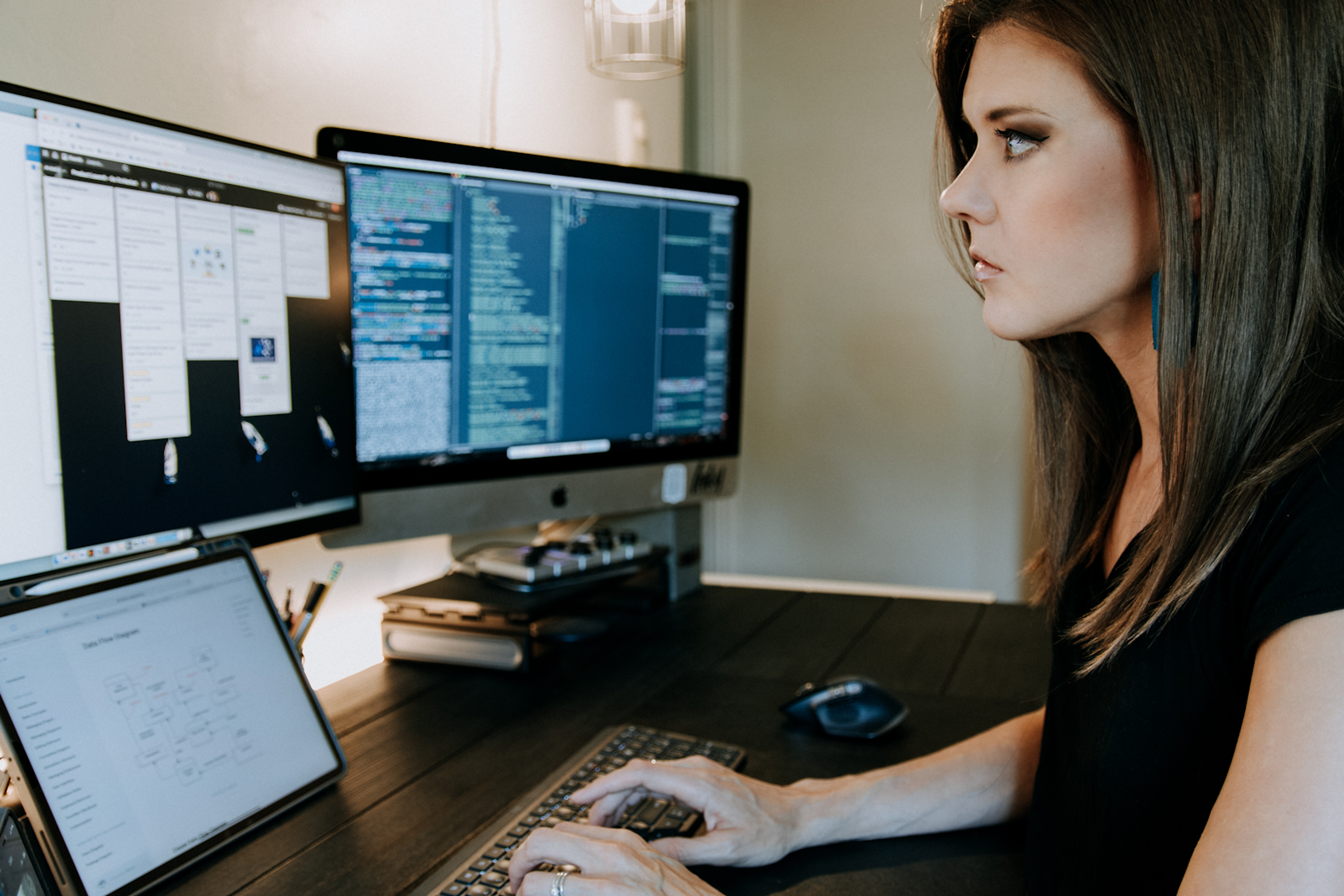 A woman working on UX tasks with three monitors