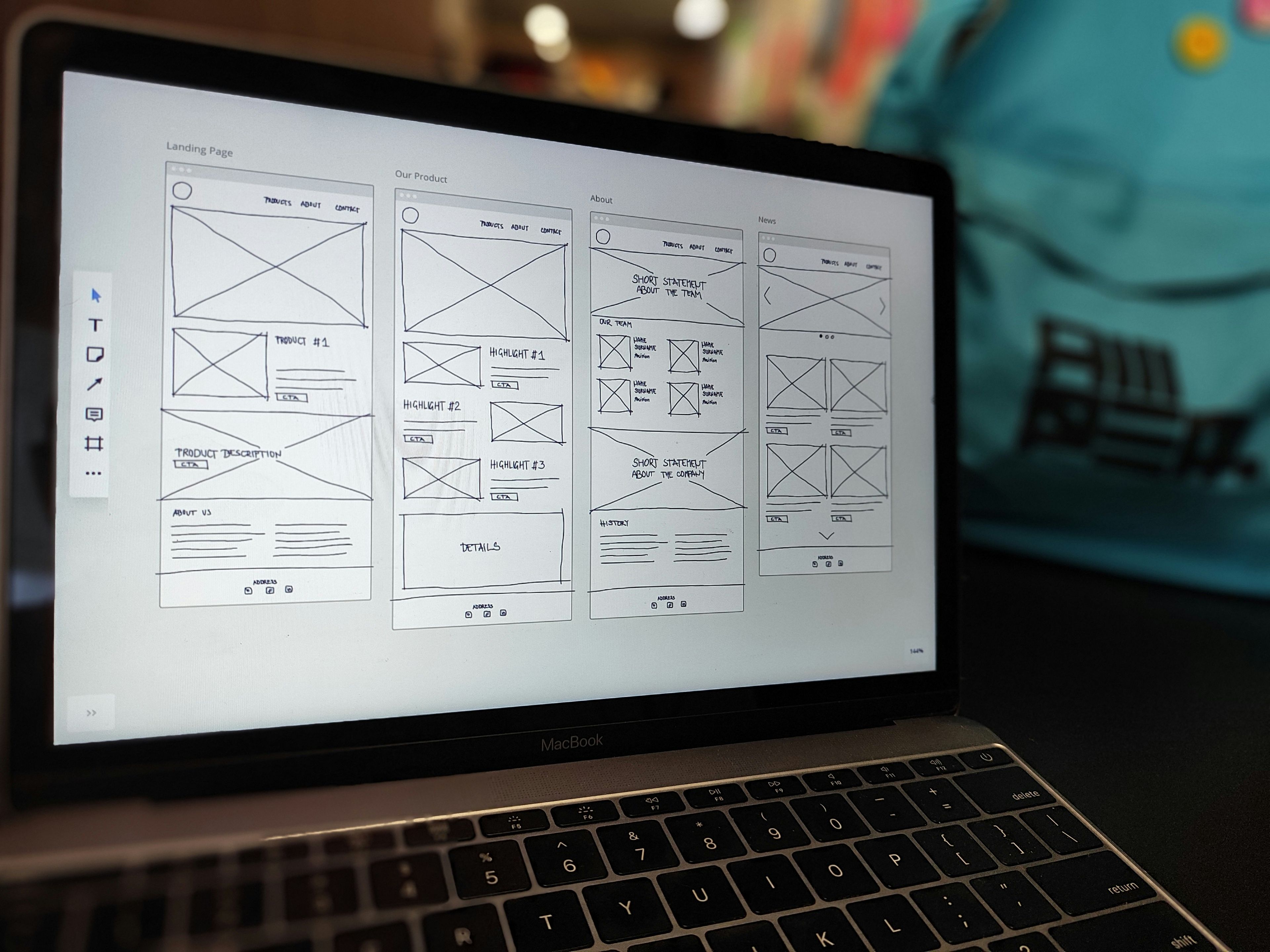 Website wireframe on a laptop screen