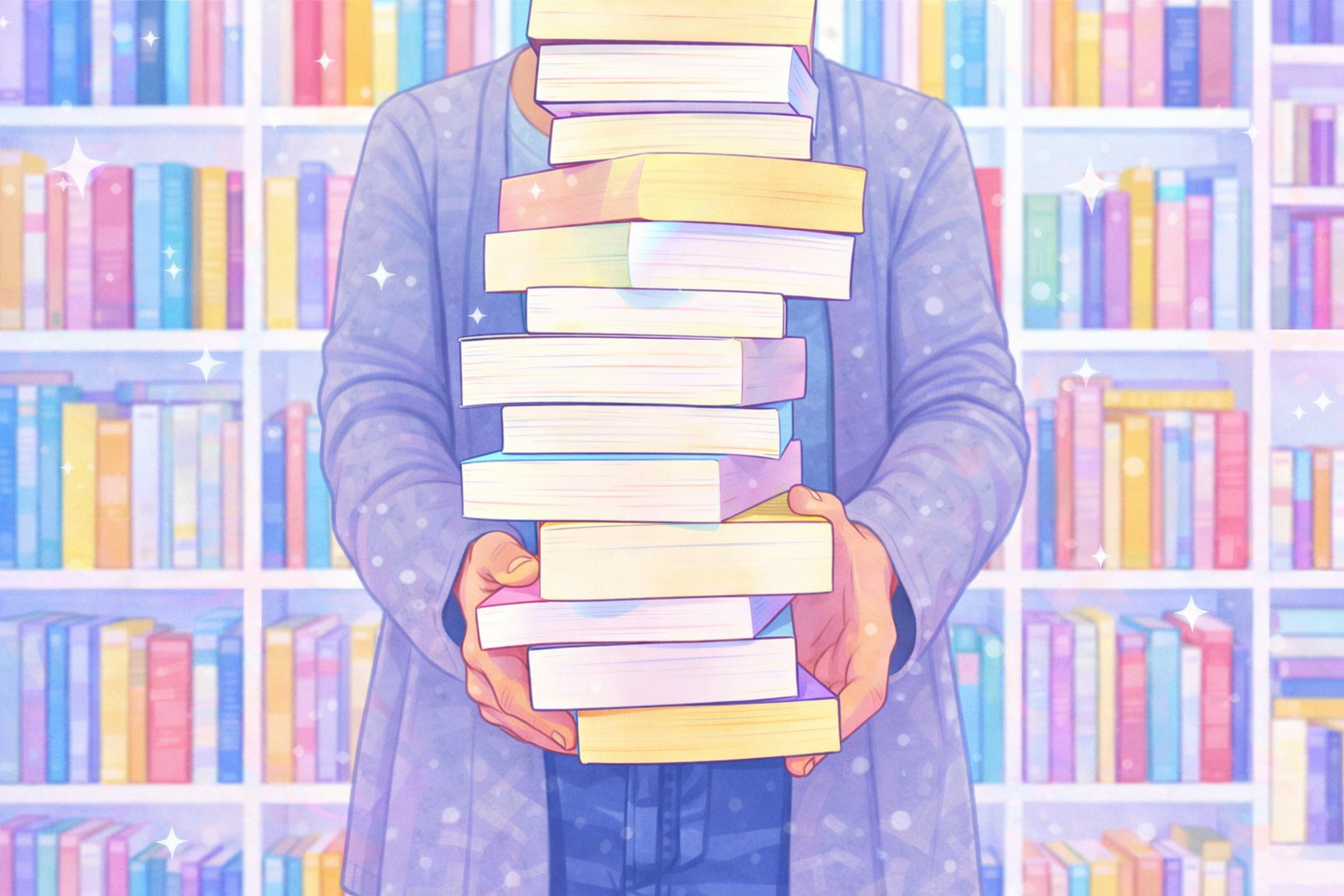 Person holding a large, unstable stack of books in a library or bookstore