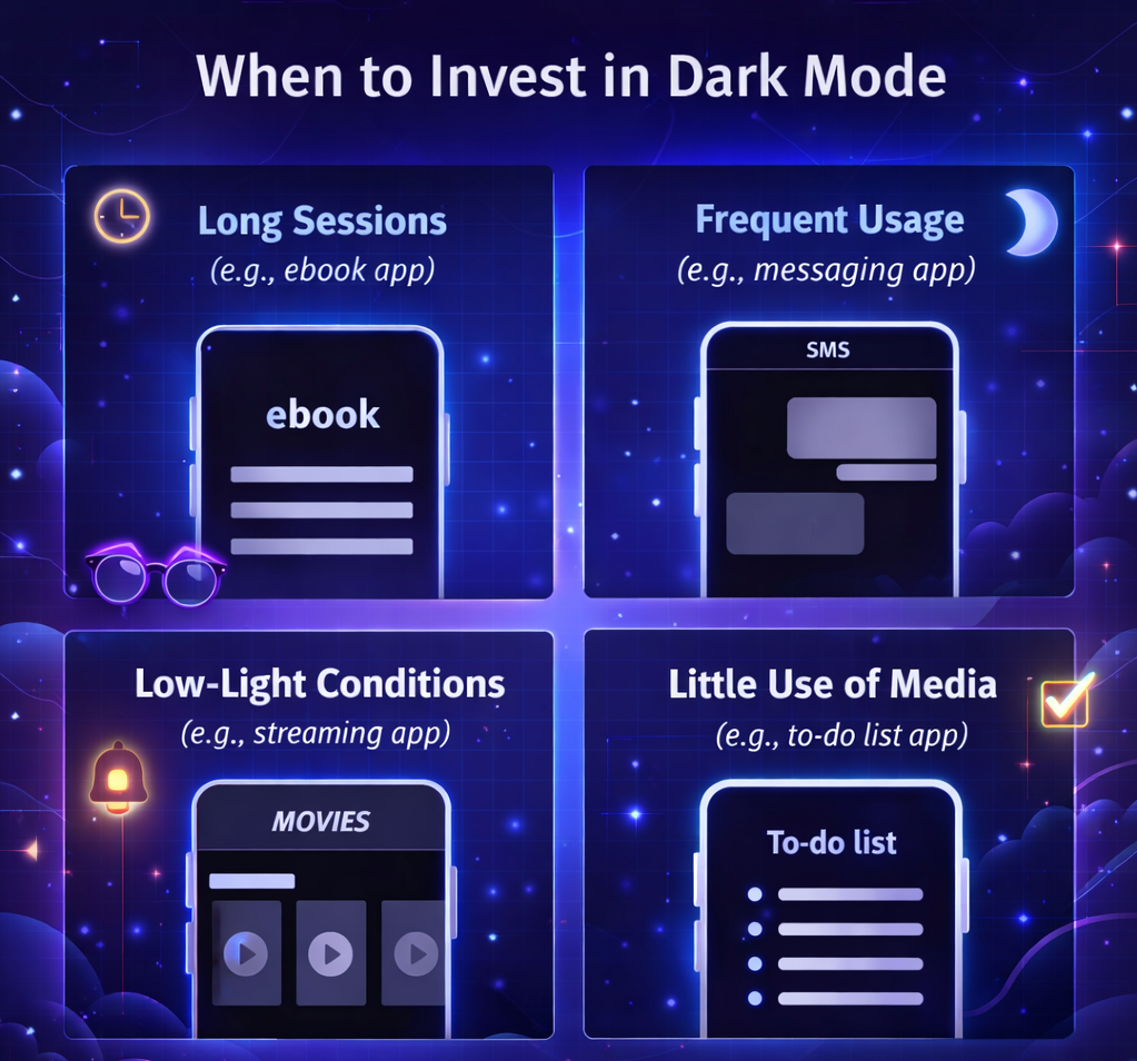 Scenarios for investing in dark mode design