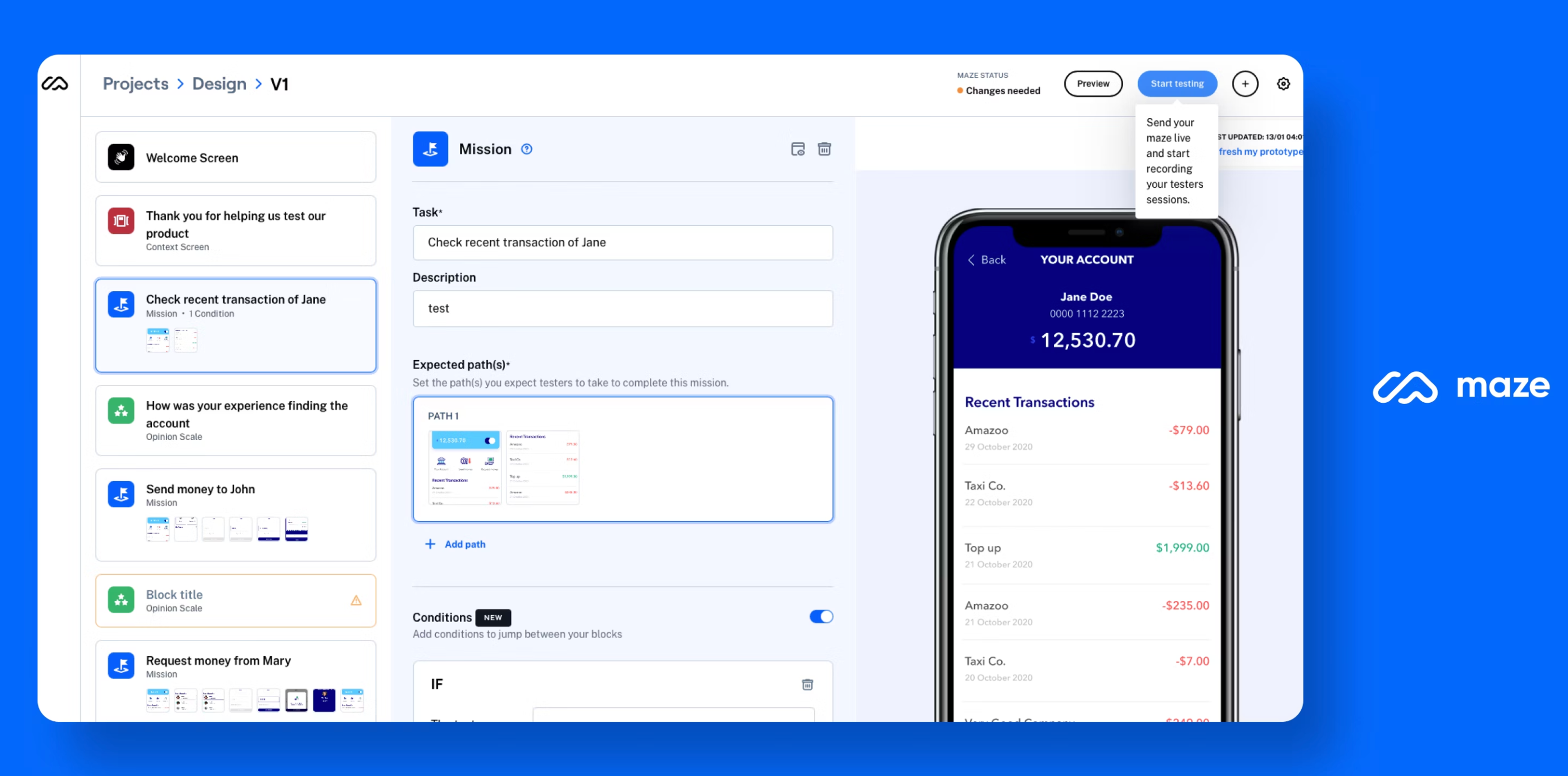 Maze interface showcasing a user testing project with tasks