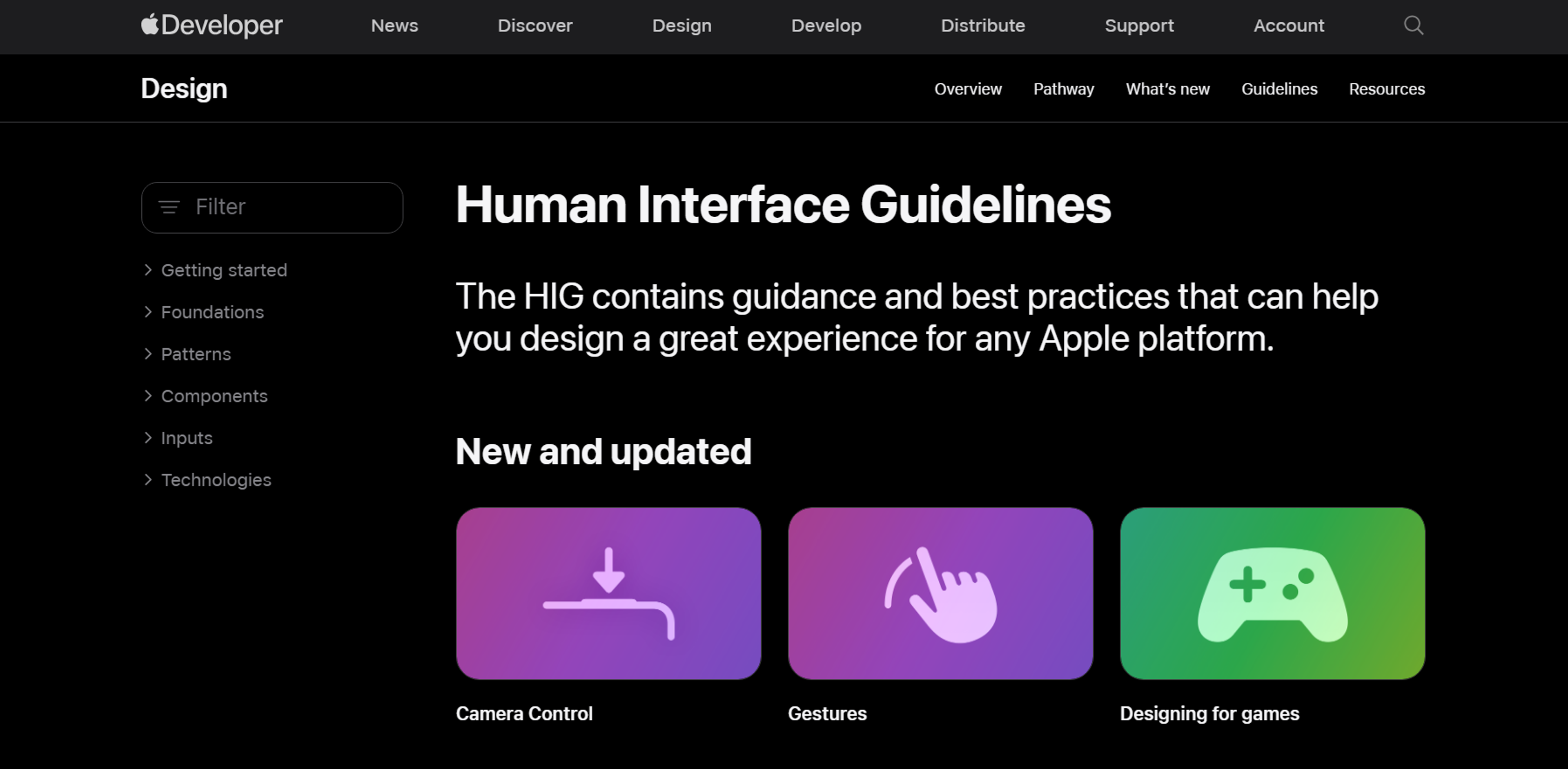 Apple's Human Interface Guidelines page highlighting "New and Updated"