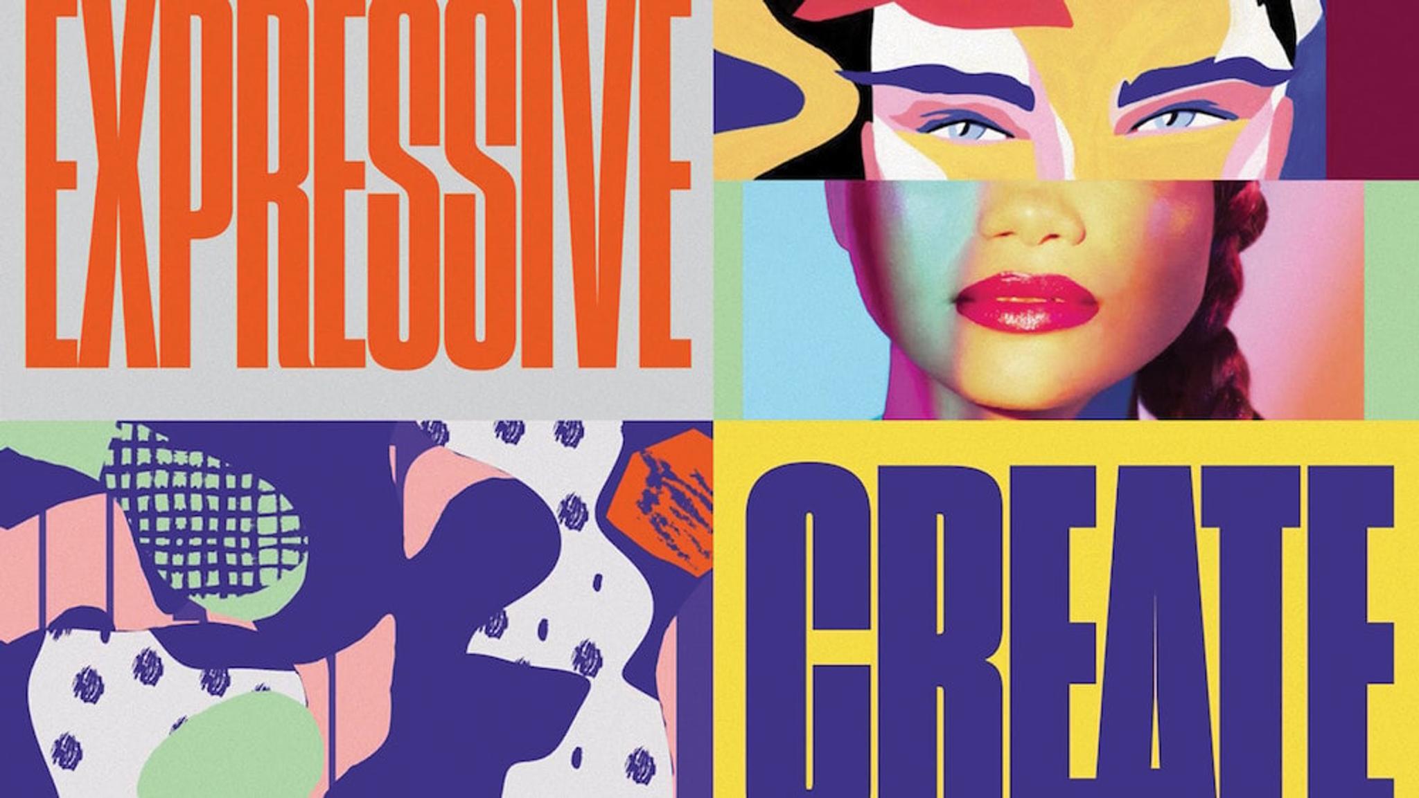 Vibrant collage with "EXPRESSIVE" and "CREATE" typography