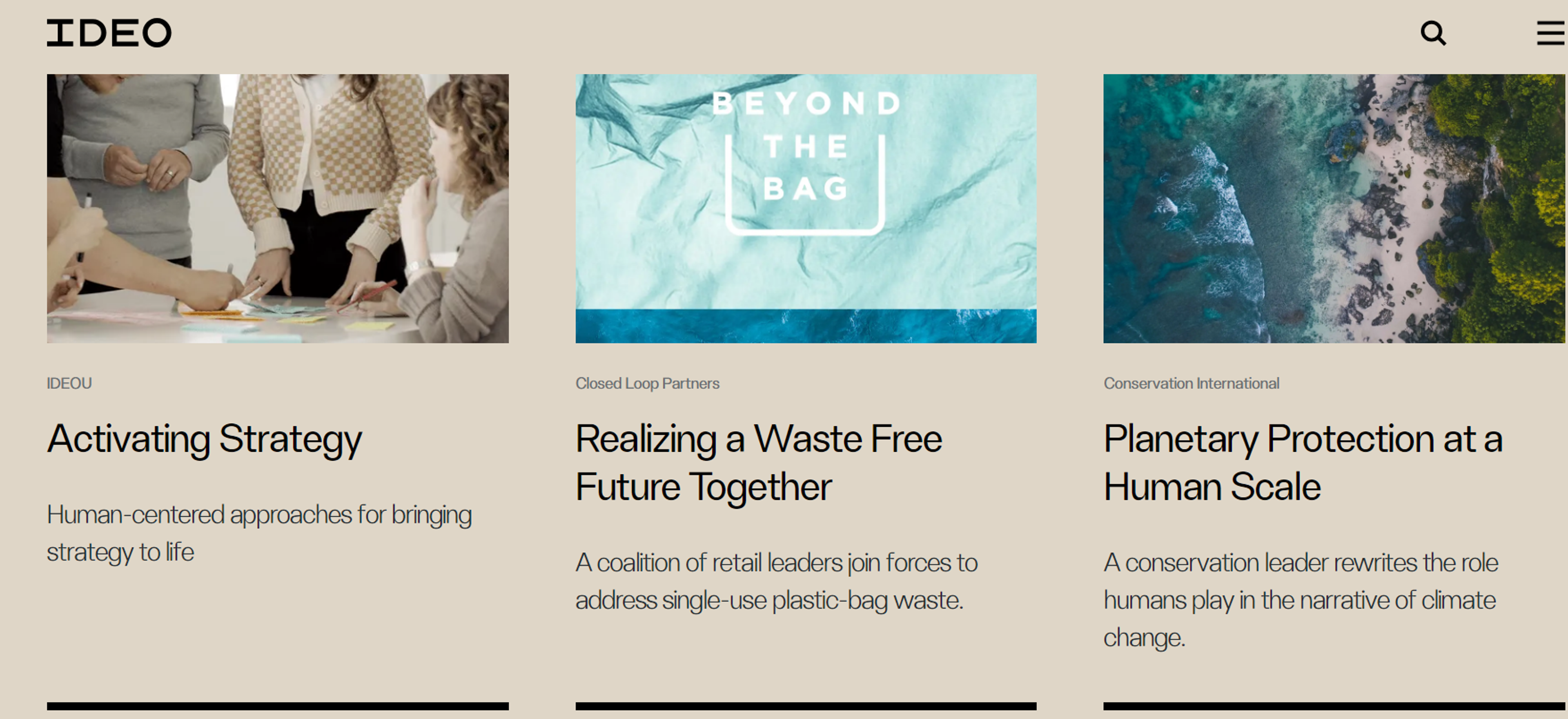 IDE0's homepage showcase featuring human-centered strategy, plastic waste reduction, and planetary conservation projects