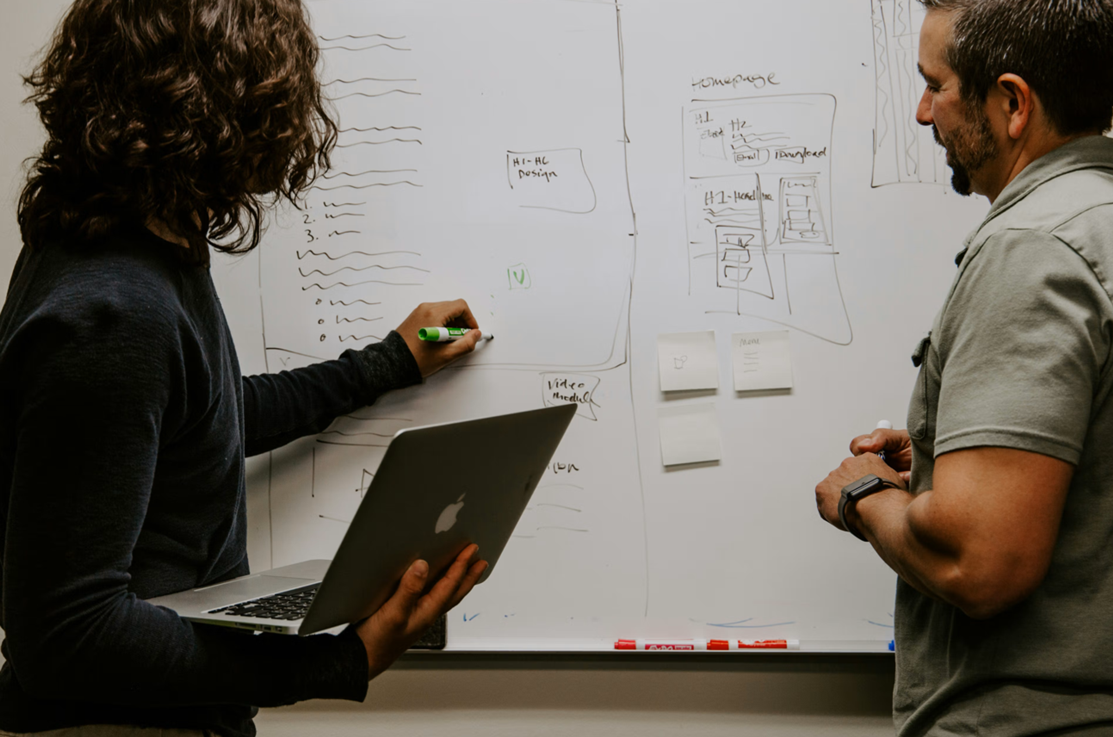 A man and a woman are writing on the board 