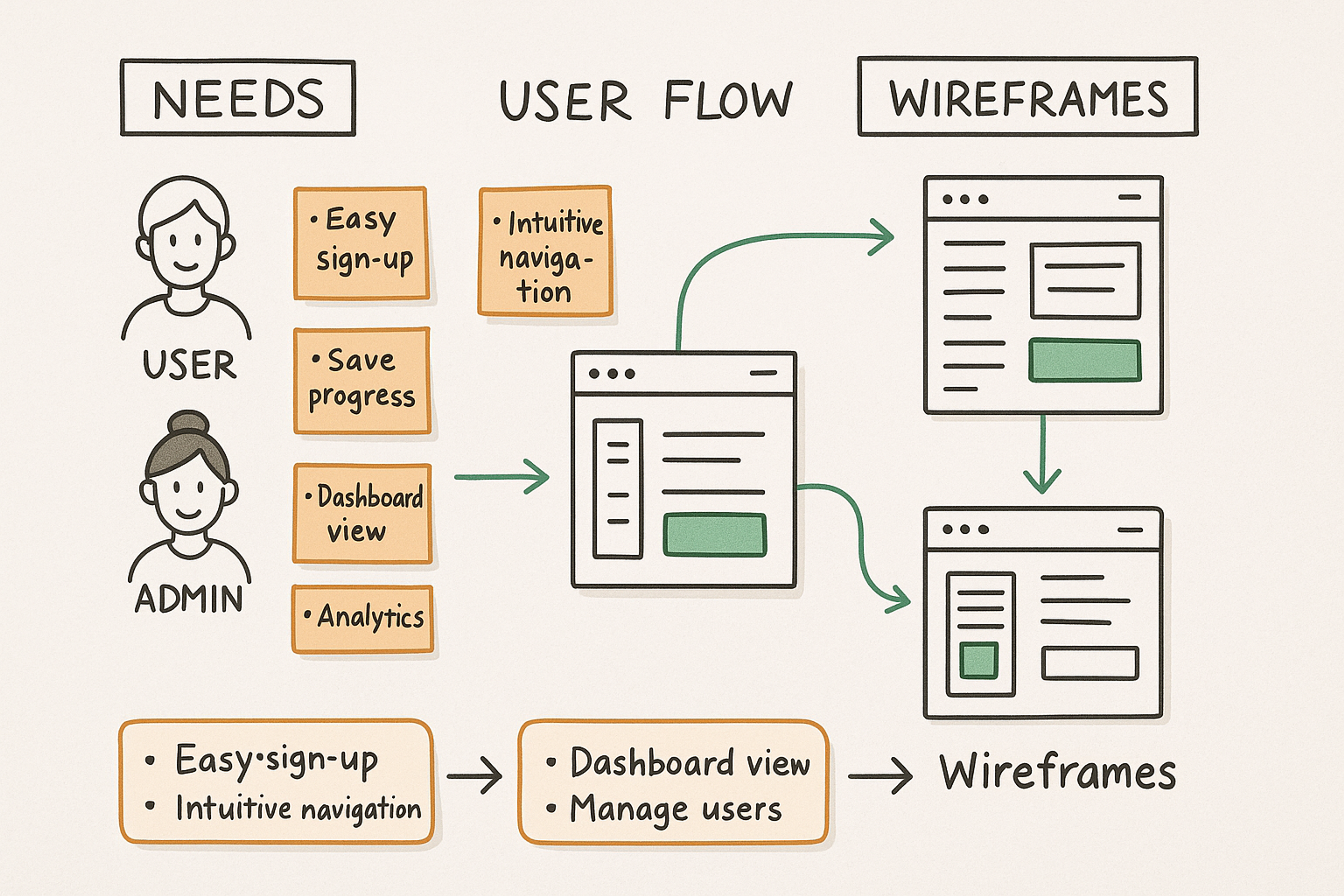 Detailed whiteboard diagram of user flows and project needs