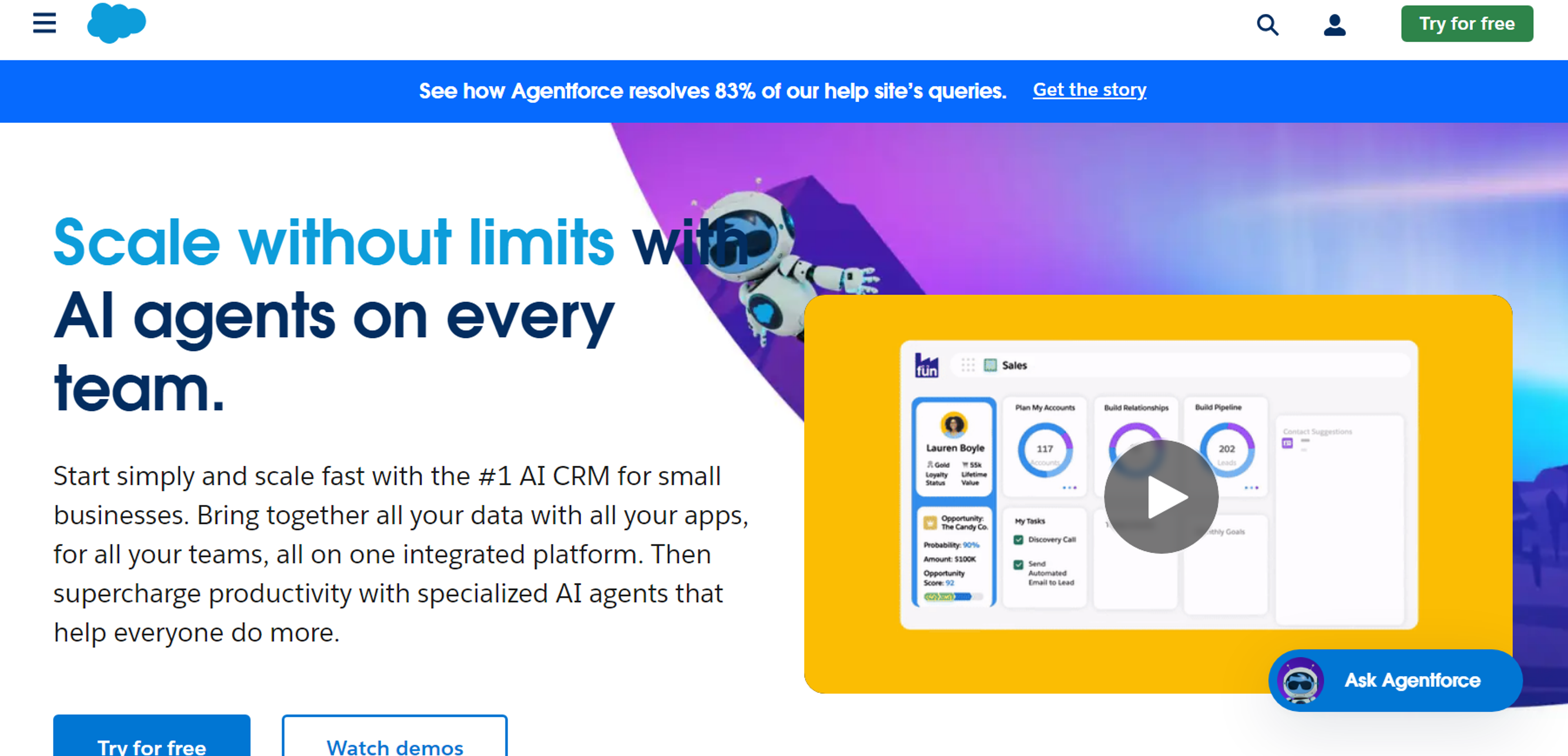 This is a webpage offering AI-powered CRM for small businesses