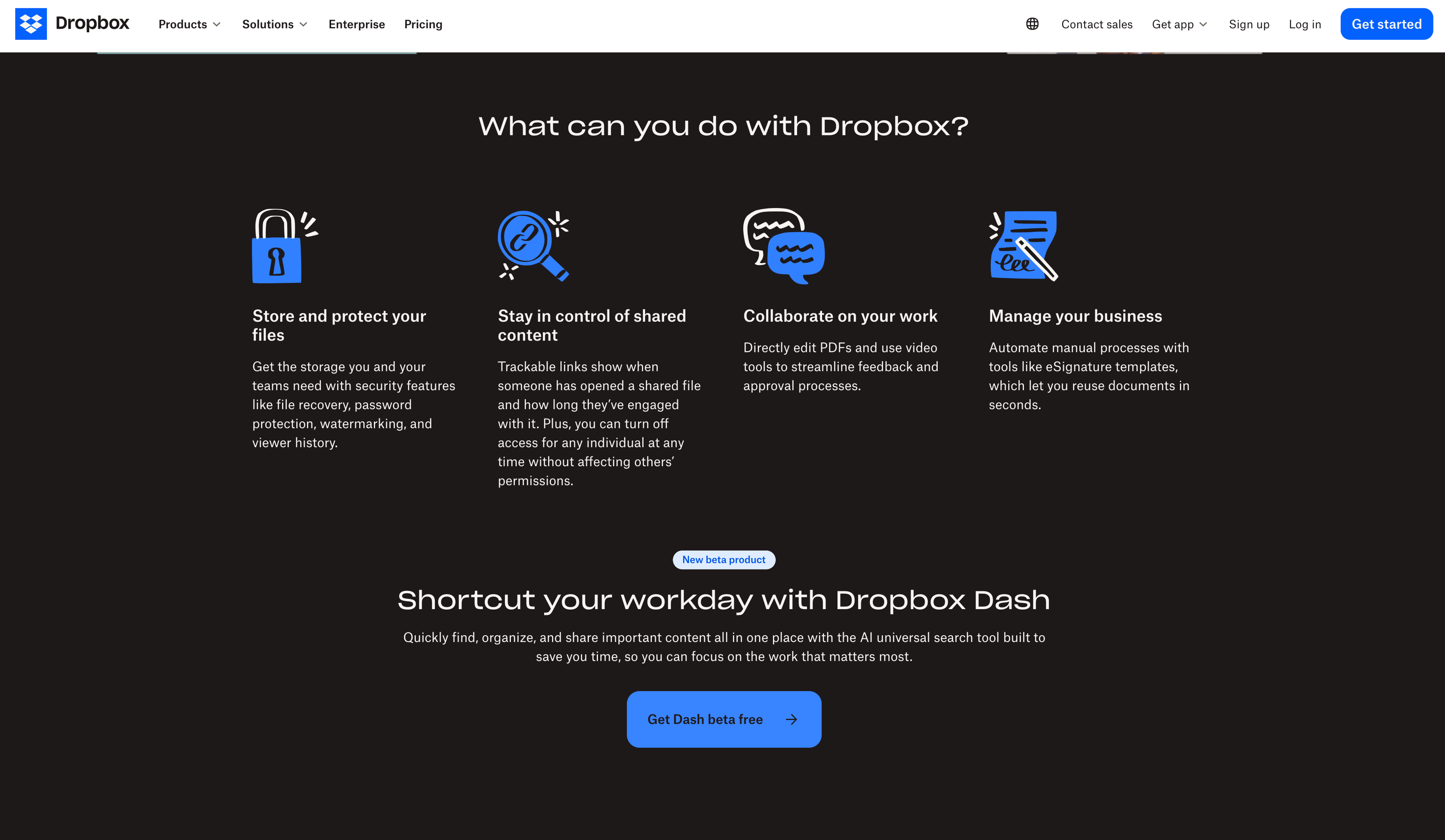 A Dropbox feature overview highlighting file storage