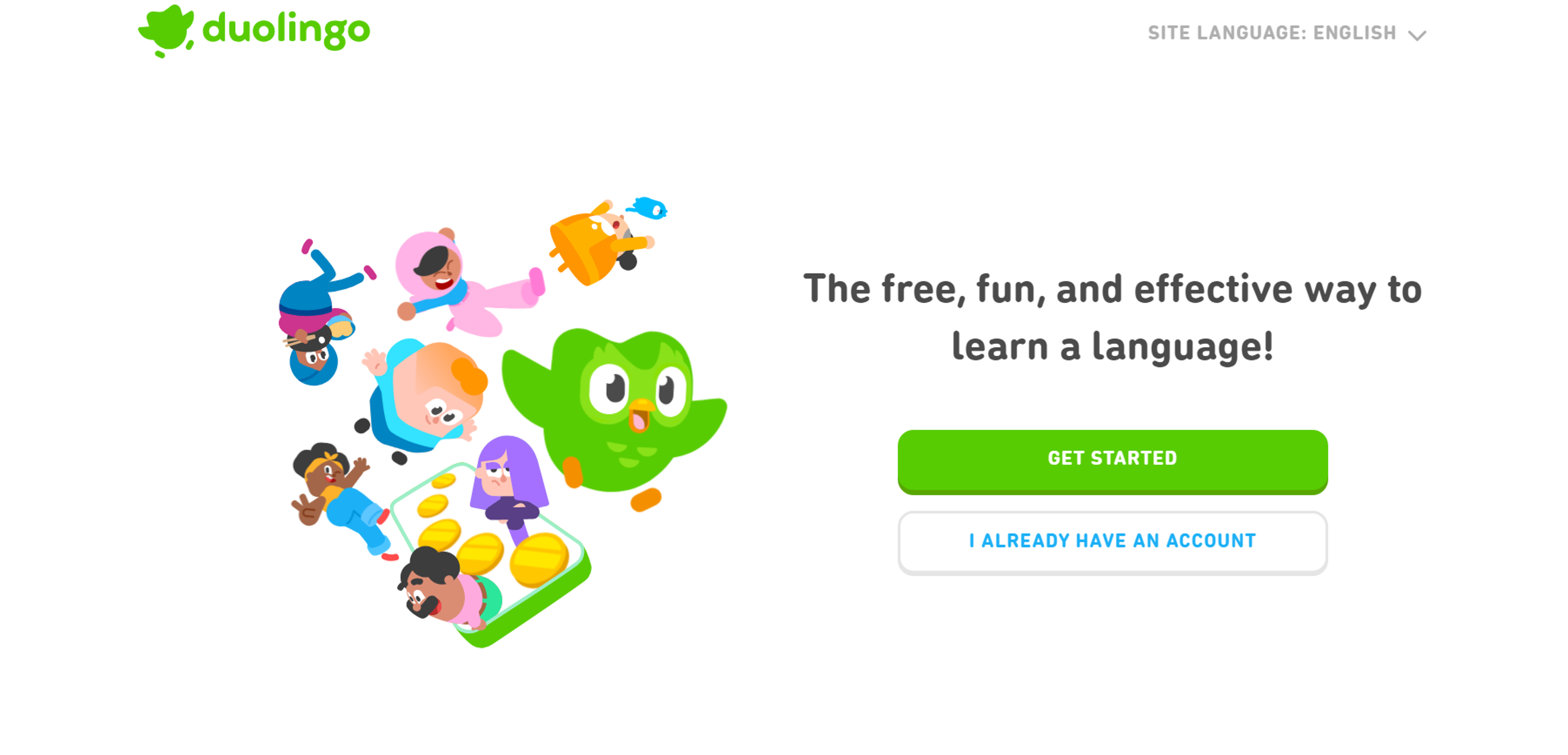 Duolingo homepage promoting free, fun, and effective language learning